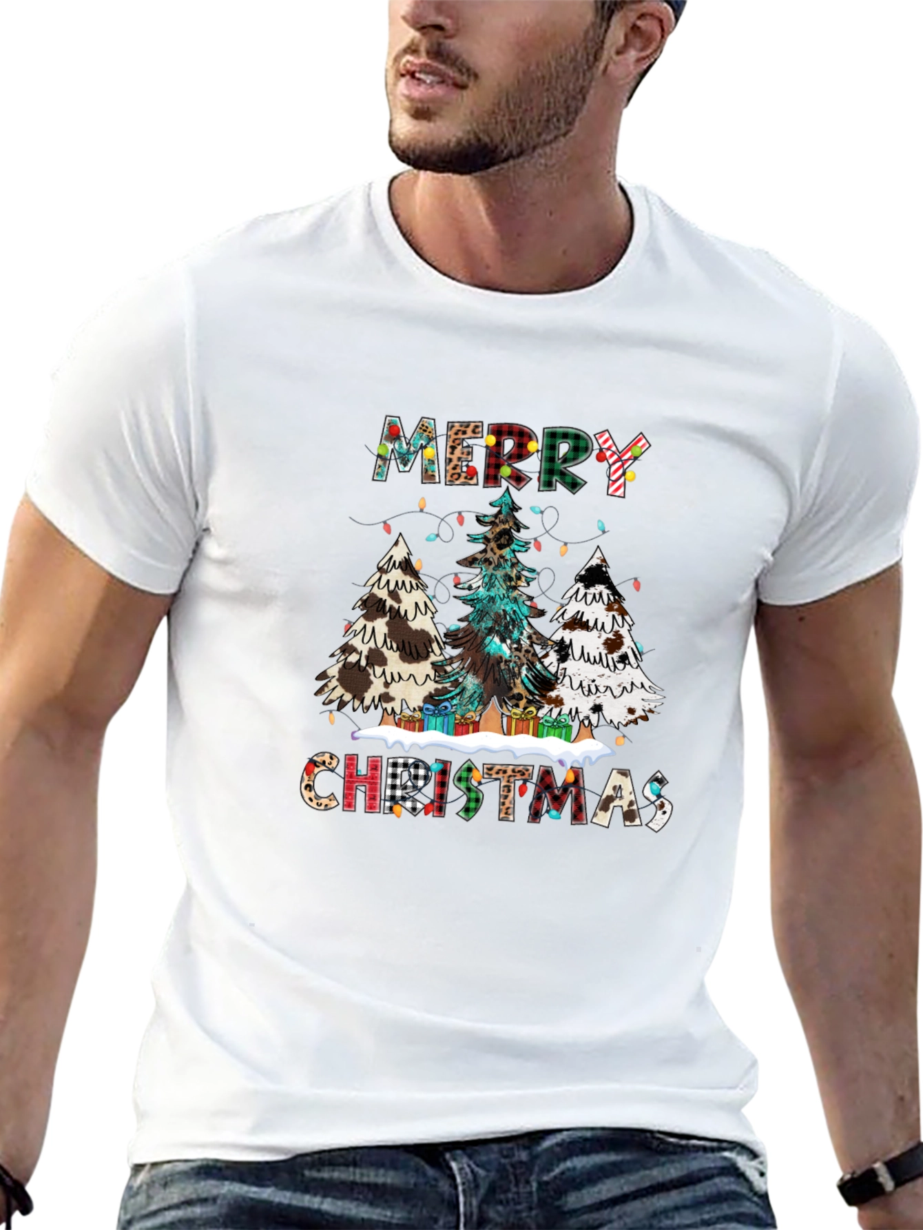 Festive Merry Christmas Tree Plaid Graphic Tee