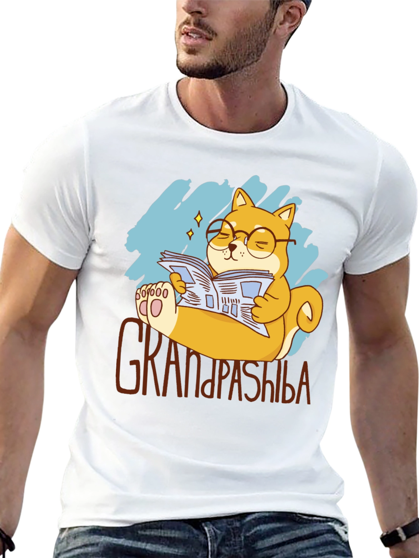 Grandpa Shiba Inu Reading Newspaper Graphic T-Shirt