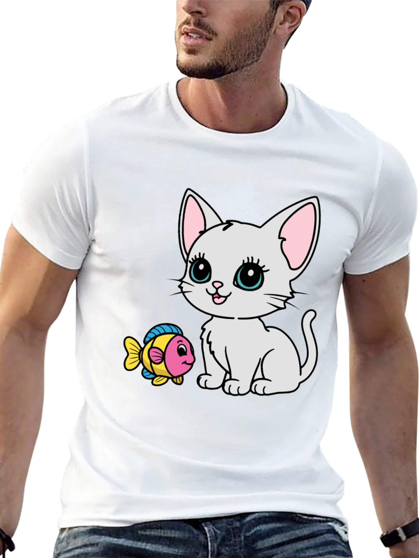 Cute Cartoon Cat & Fish Graphic Tee - Black