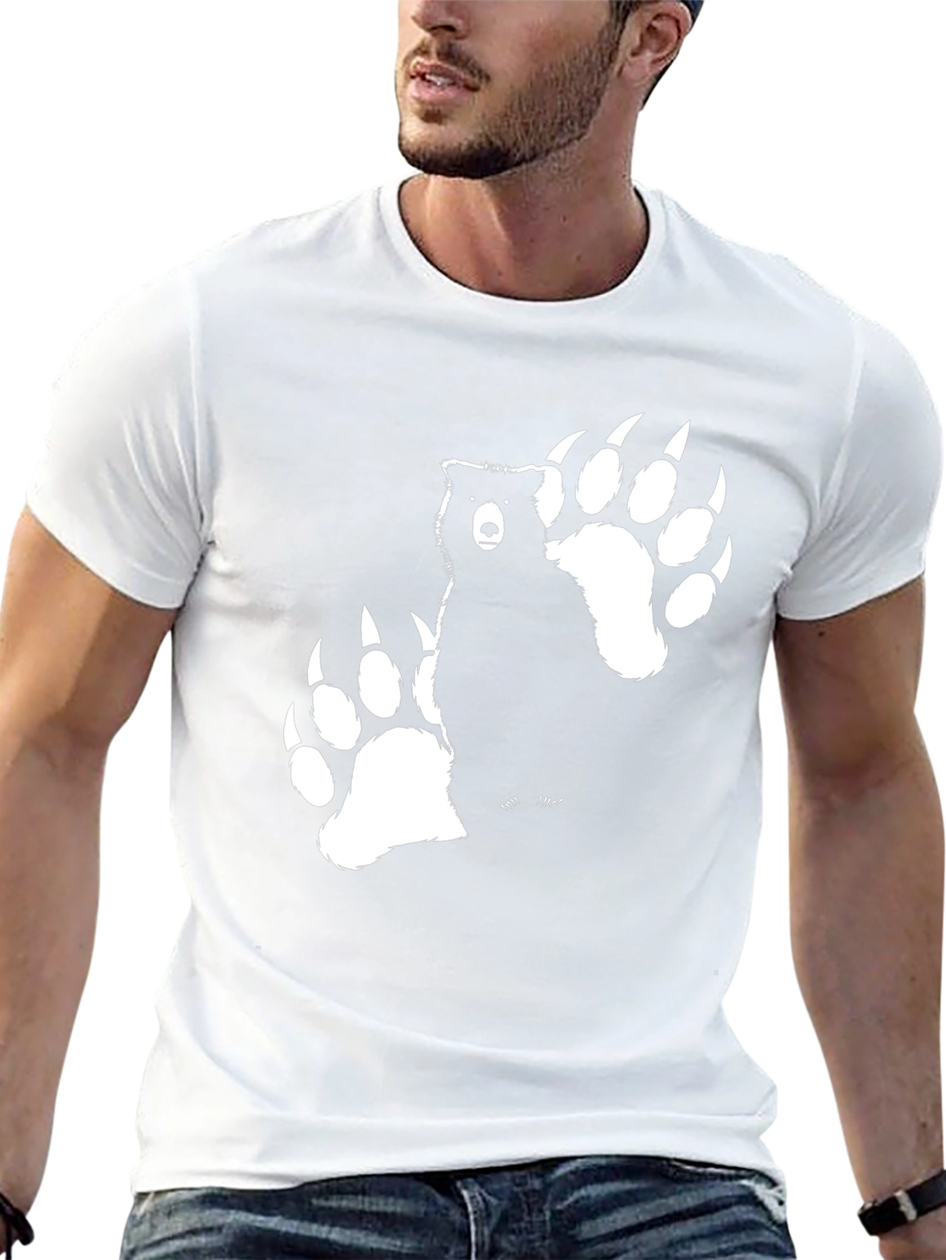 Bear Paw Print Graphic Tee - Black Cotton T-Shirt