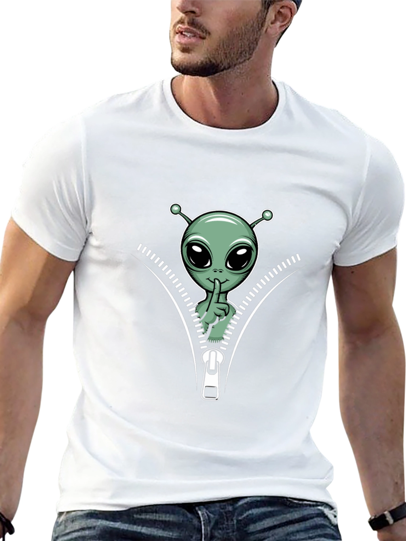 Alien Graphic Tee - Zipper Design Black T-Shirt
