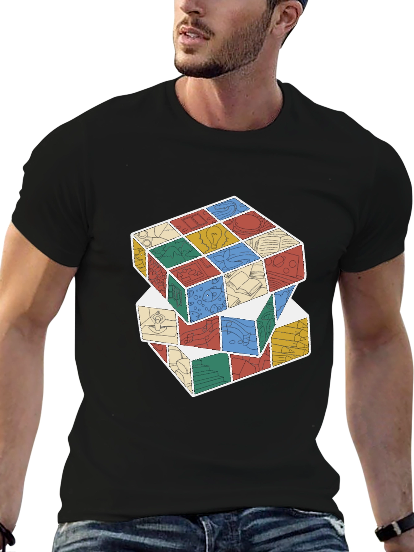 Stacked Cube Design Black T-Shirt