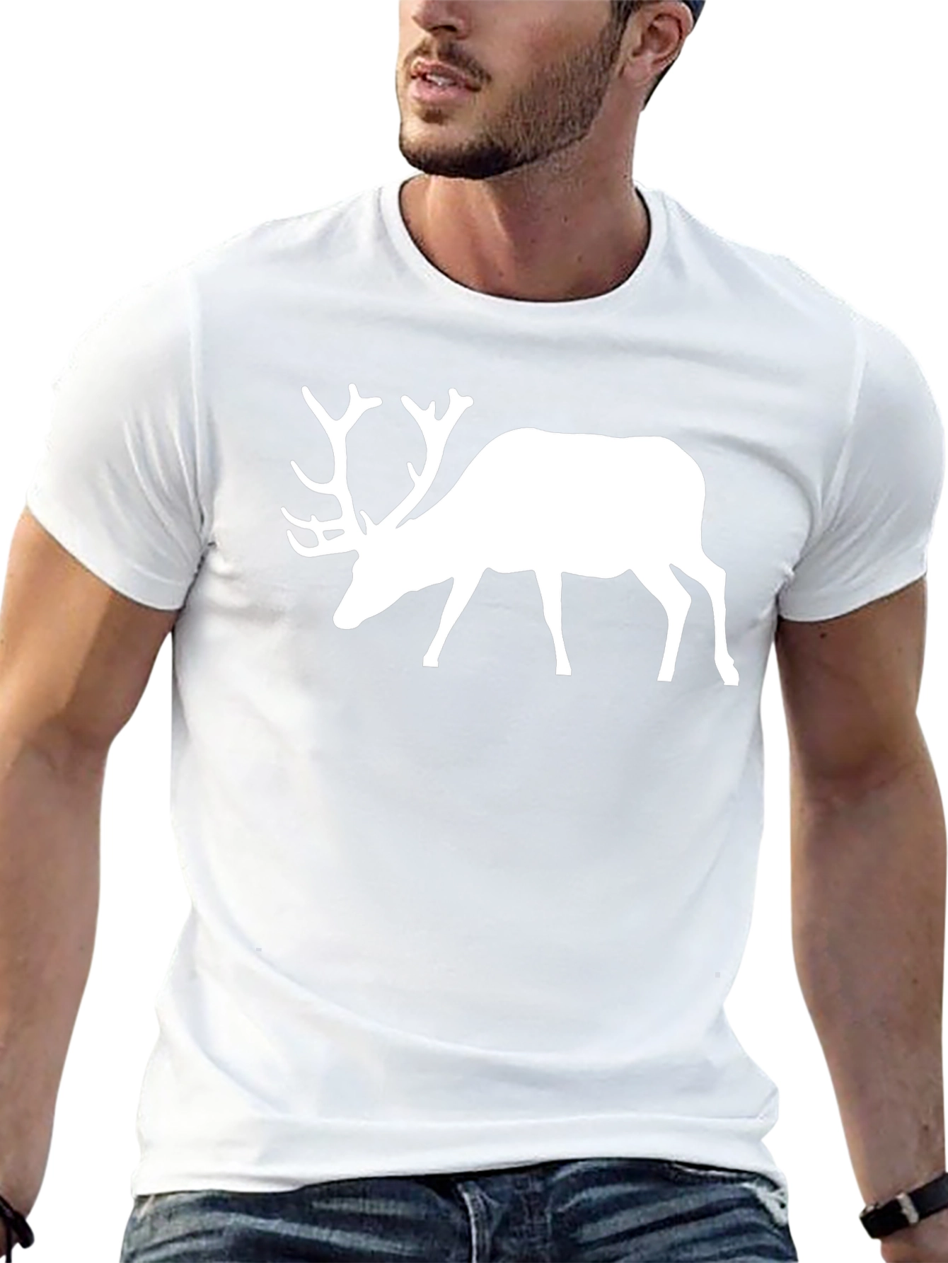 Mens Black T-Shirt with White Deer Graphic