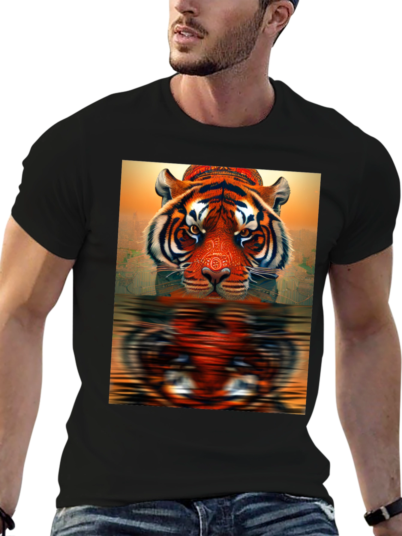 Tiger Reflection Graphic Tee - Black Cotton T-Shirt