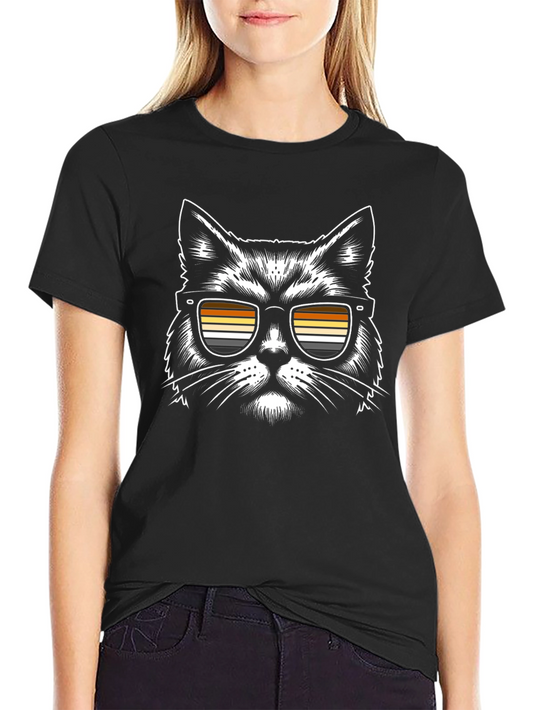 Cool Cat T-Shirt - Retro Striped Sunglasses