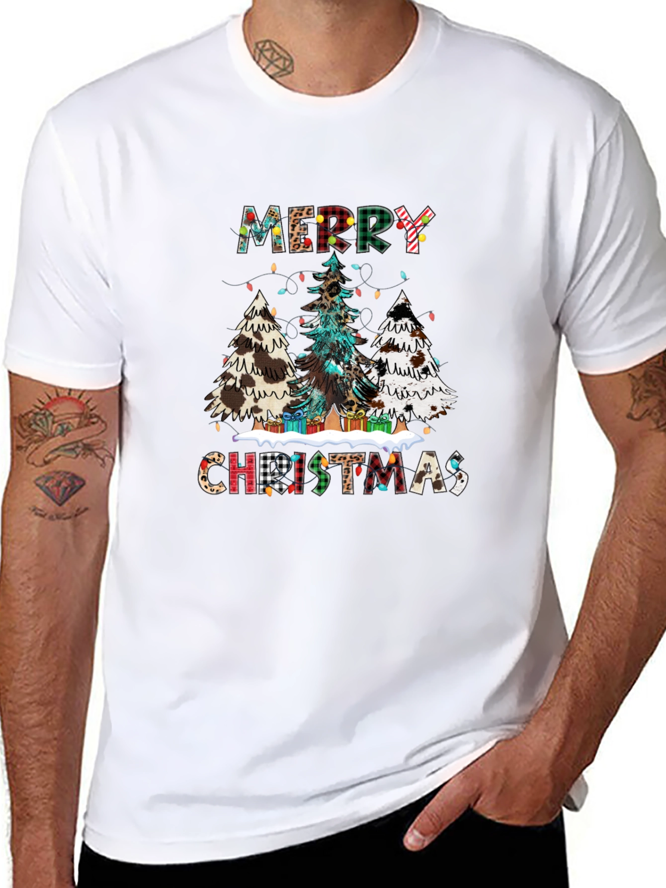 Festive Merry Christmas Tree Plaid Graphic Tee