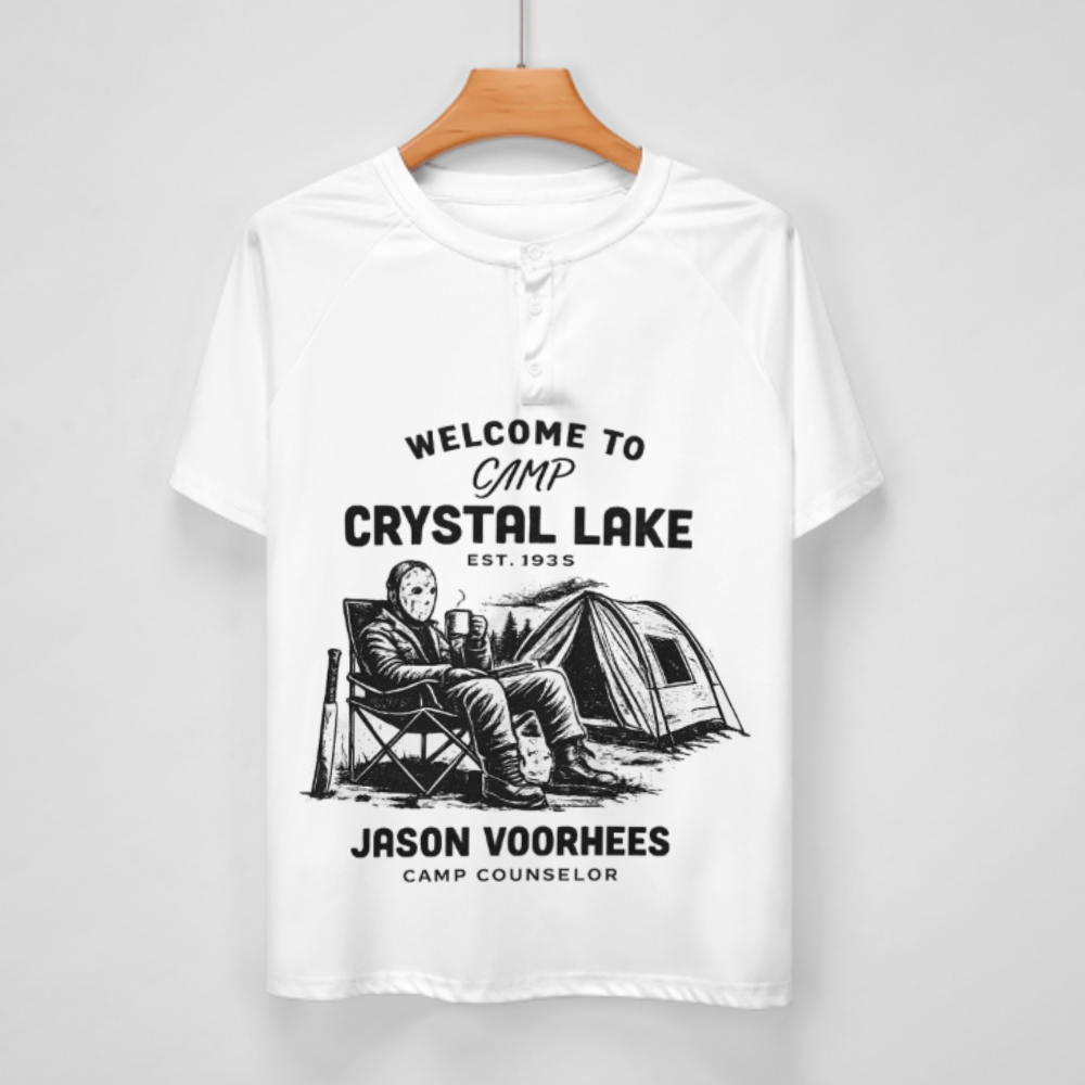Camp Crystal Lake Jason Voorhees Horror Graphic T-Shirt – Retro Slasher Camping Tee for Horror Fans(z362)