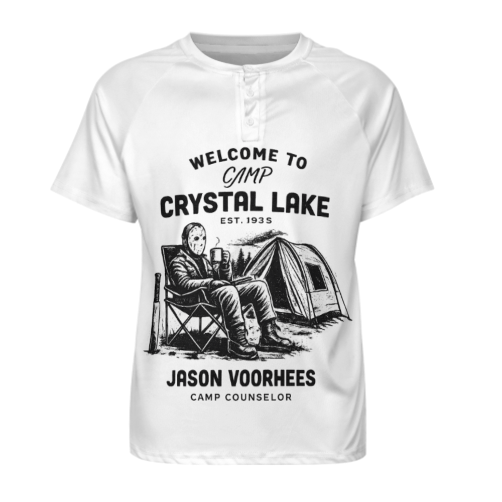 Camp Crystal Lake Jason Voorhees Horror Graphic T-Shirt – Retro Slasher Camping Tee for Horror Fans(z362)