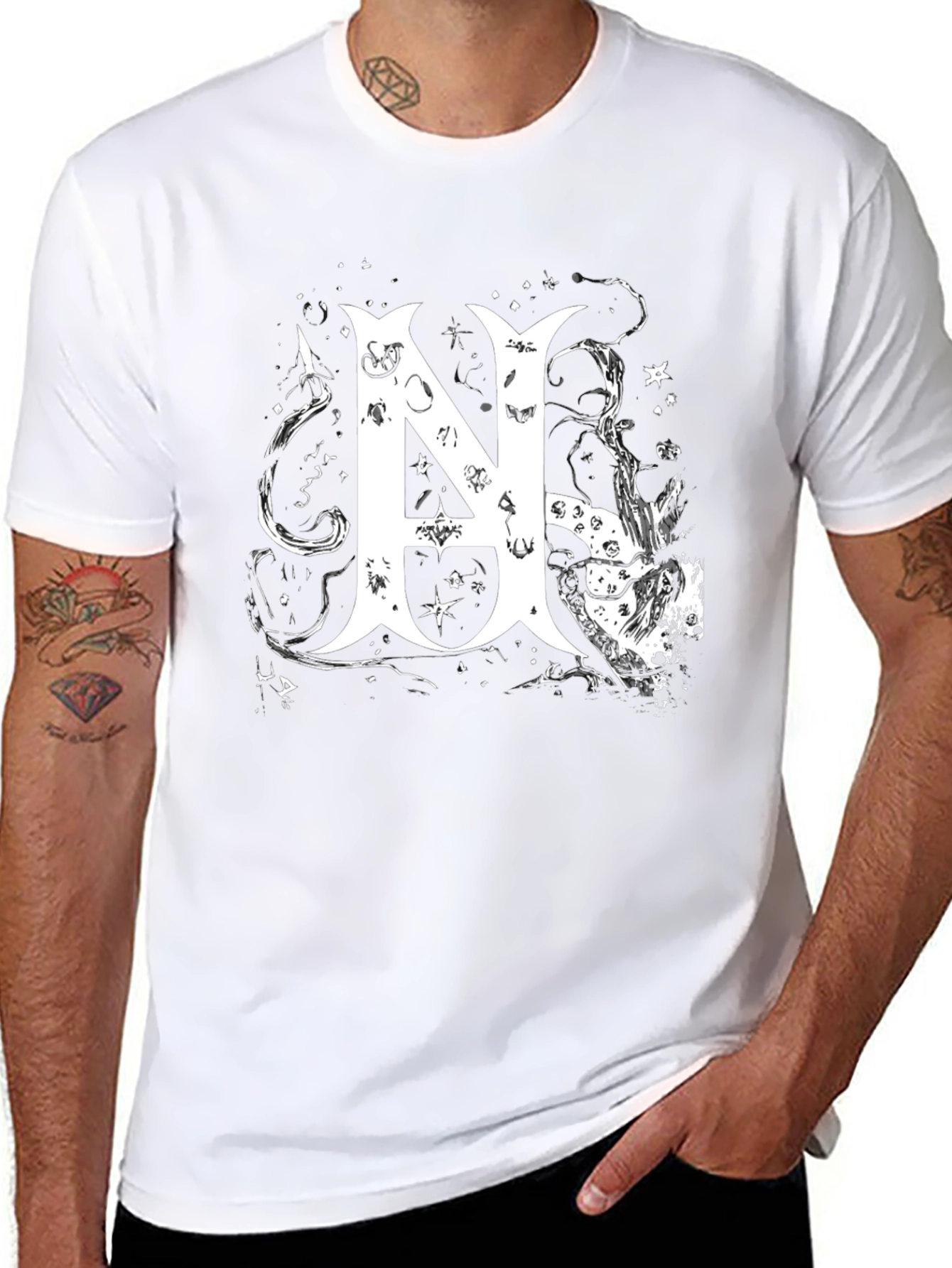 Black Tee with White Abstract Letter N Design