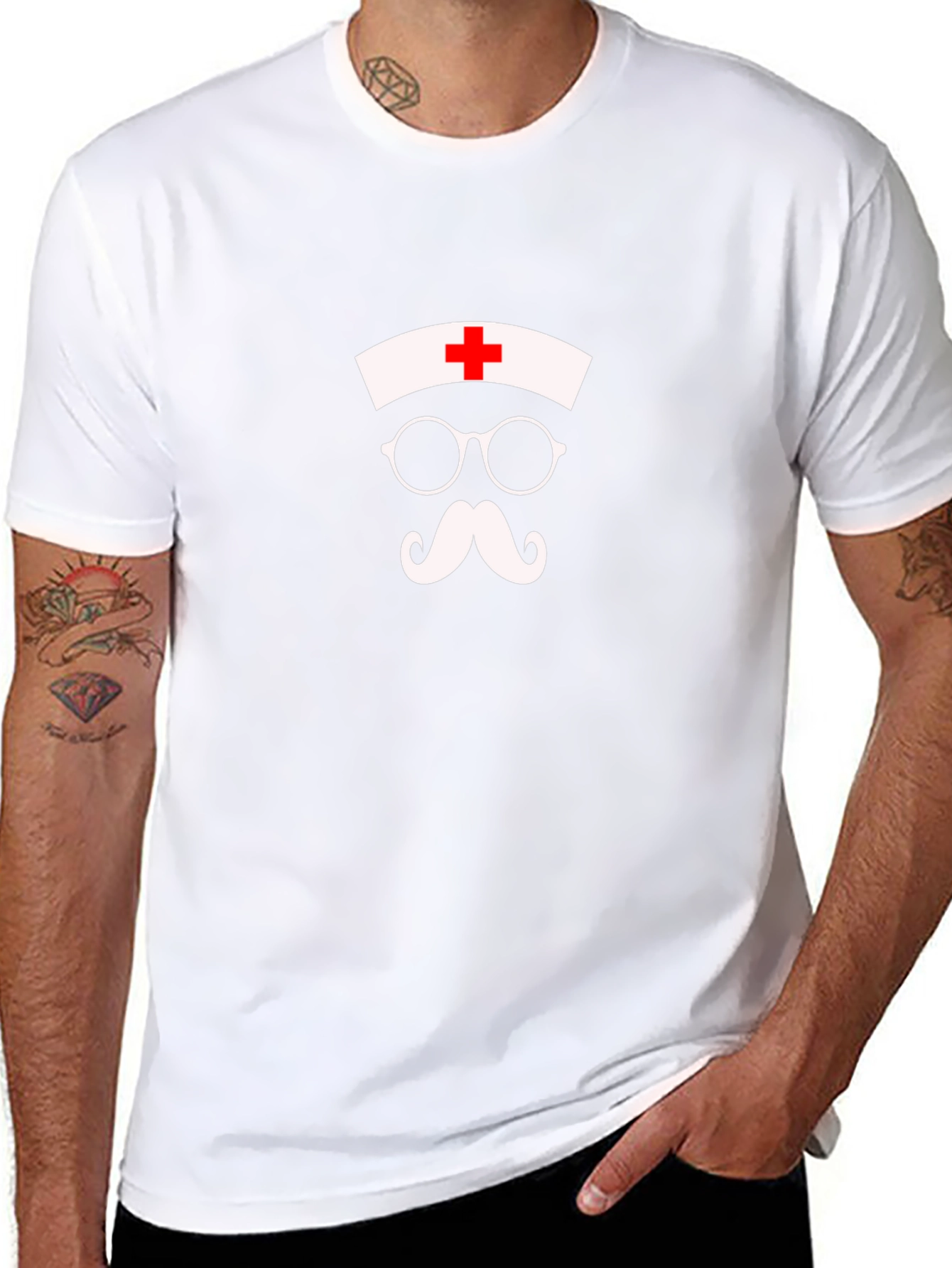 Funny Nurse T-Shirt - Mustache Glasses Hat Tee
