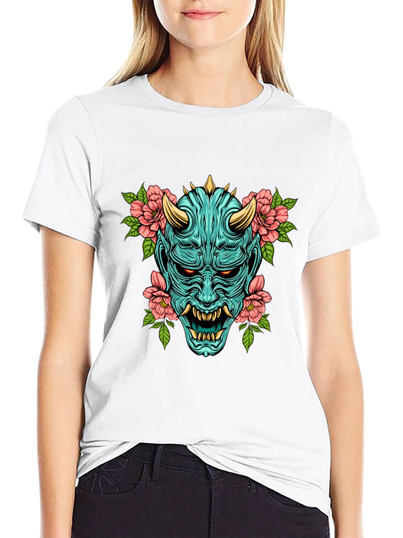 Oni Mask Floral Graphic T-Shirt