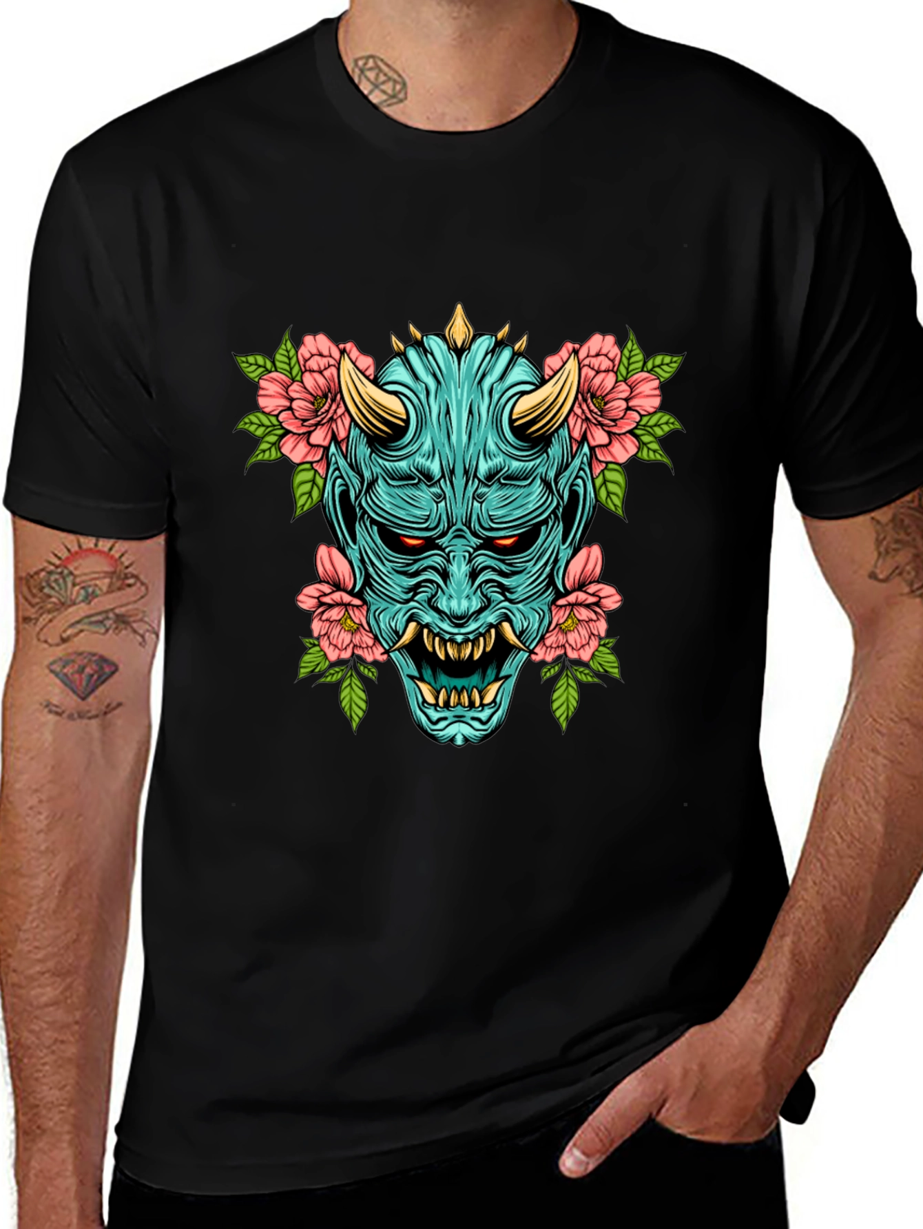 Oni Mask Floral Graphic T-Shirt