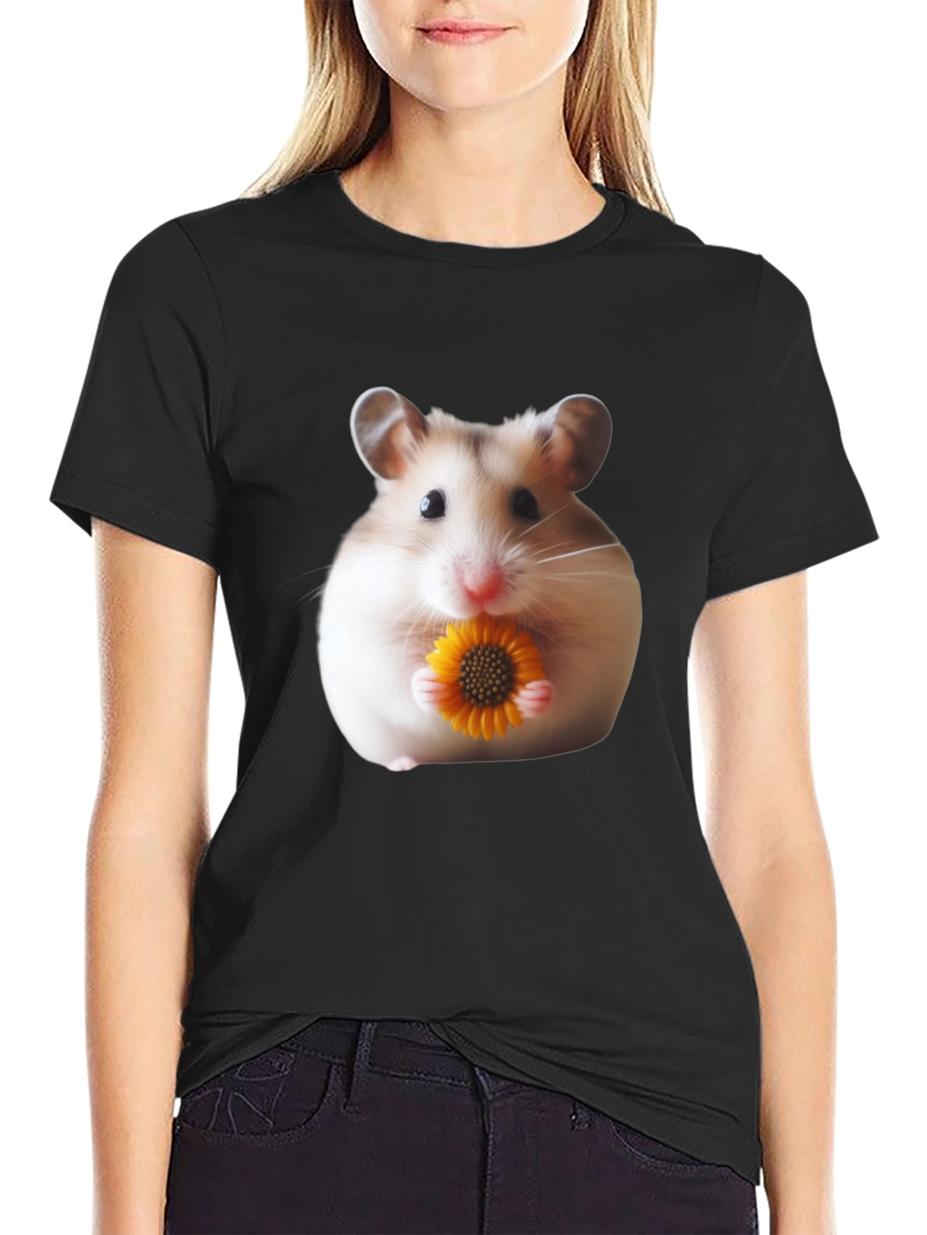 Hamster Holding Flower Graphic T-Shirt - Unisex Casual Tee