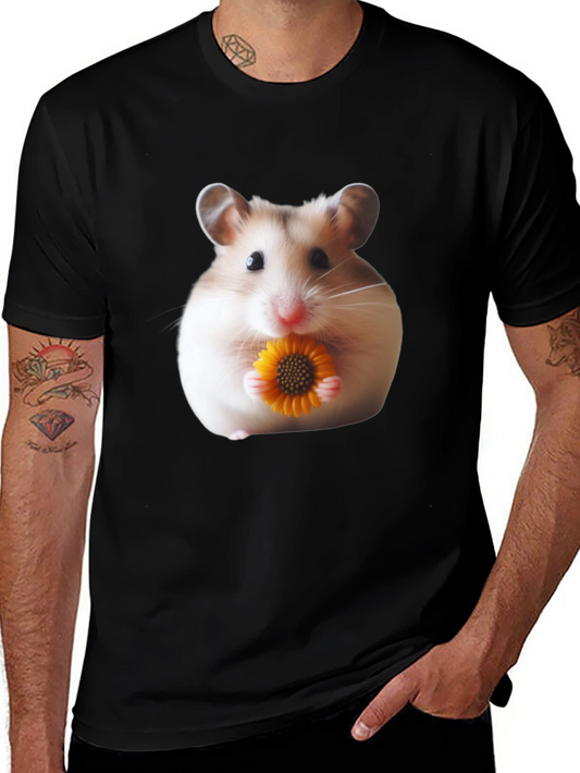 Hamster Holding Flower Graphic T-Shirt - Unisex Casual Tee