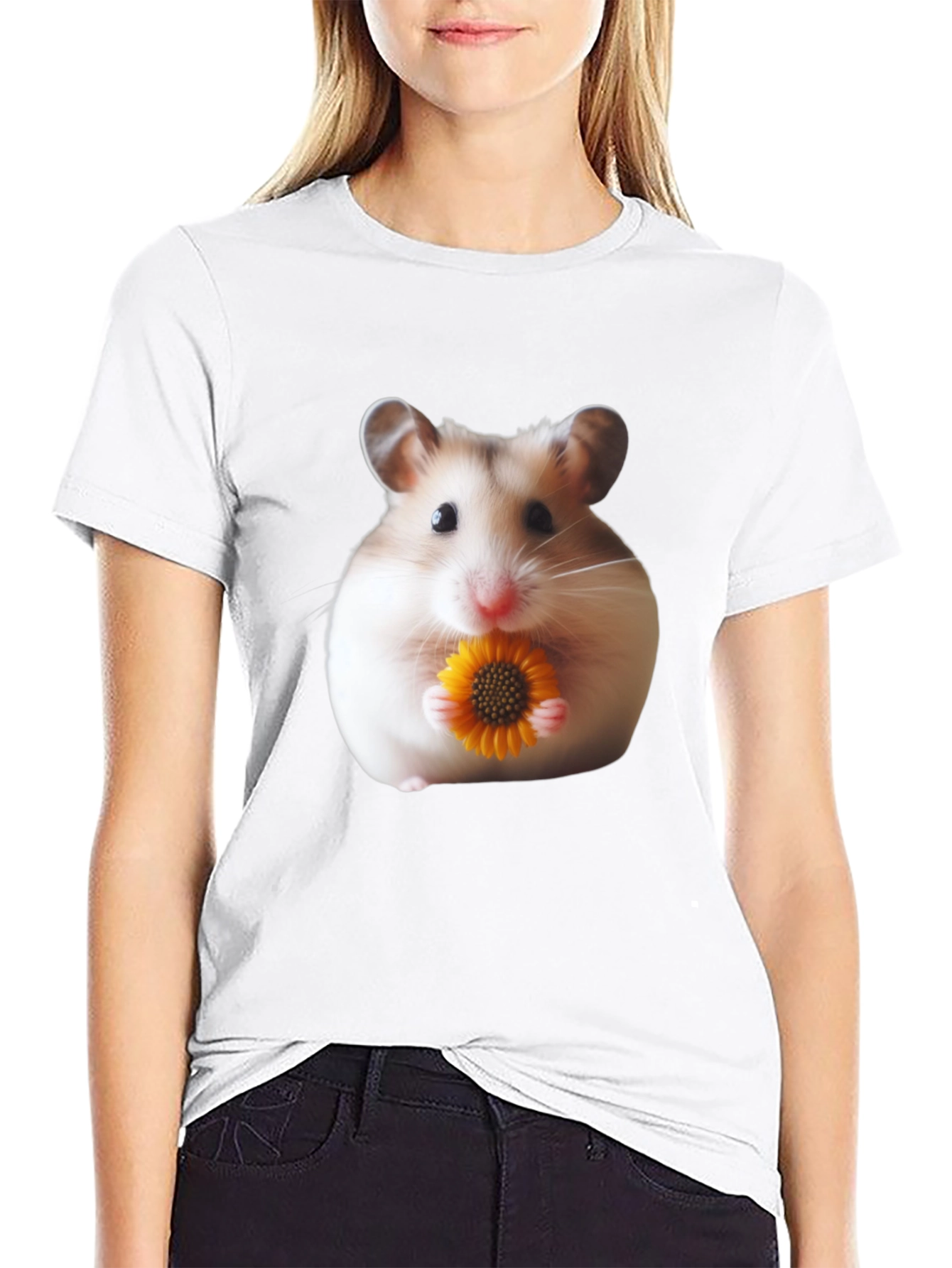Hamster Holding Flower Graphic T-Shirt - Unisex Casual Tee