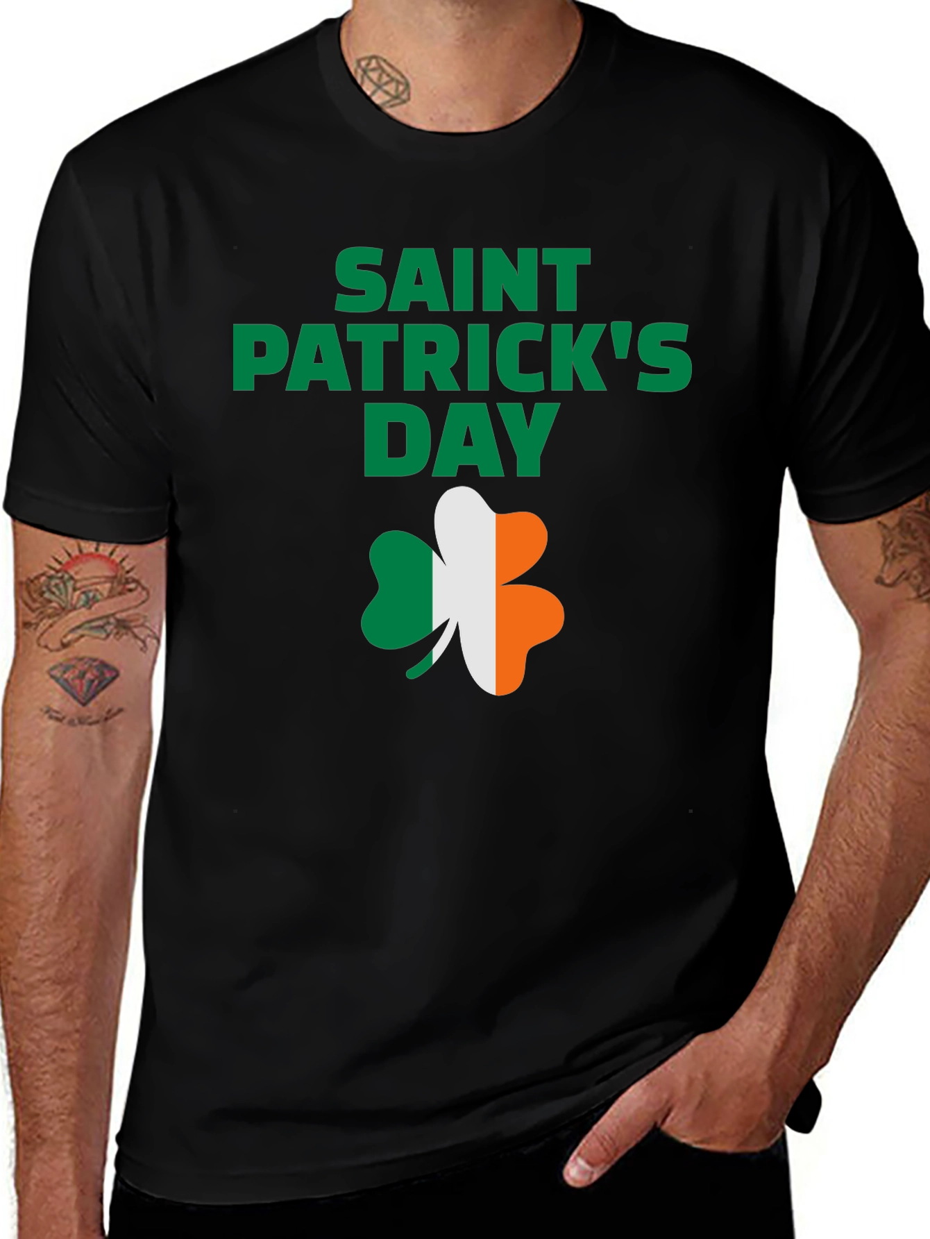 St. Patricks Day Black T-Shirt with Shamrock Design