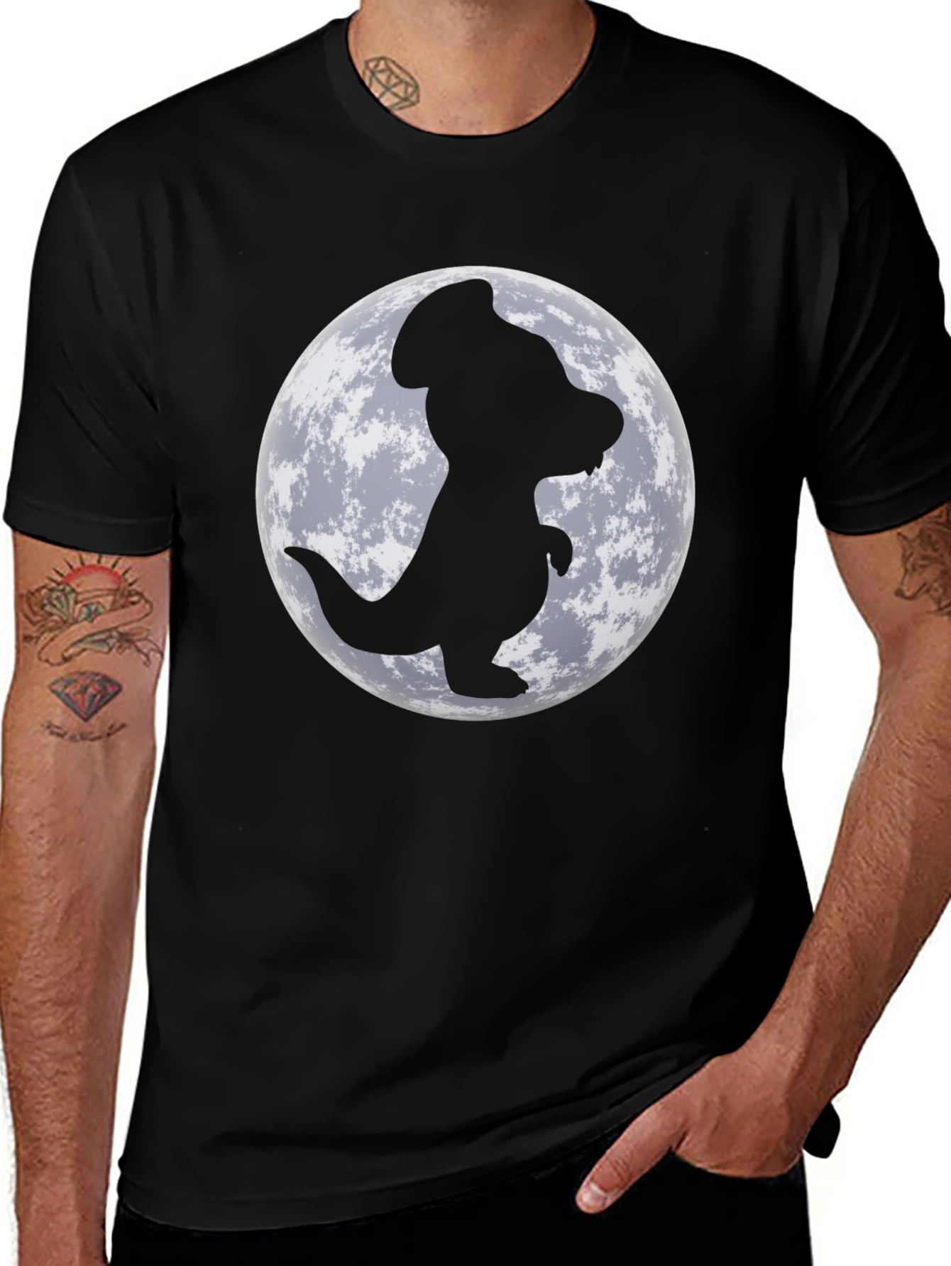 Dino Moon Mens Black T-Shirt - Unique Graphic Tee