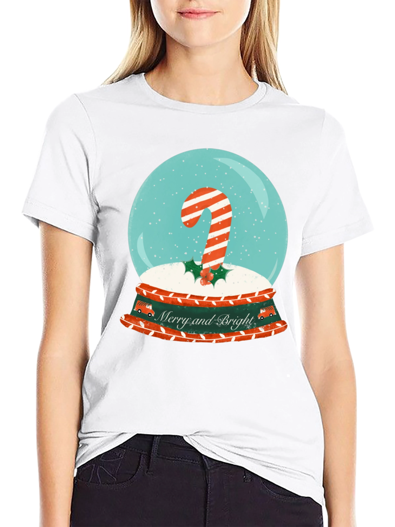 Merry & Bright Christmas Candy Cane Snow Globe T-Shirt