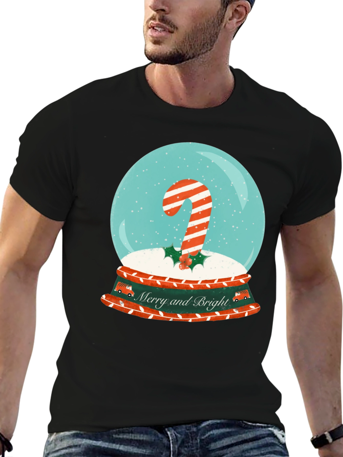 Merry & Bright Christmas Candy Cane Snow Globe T-Shirt