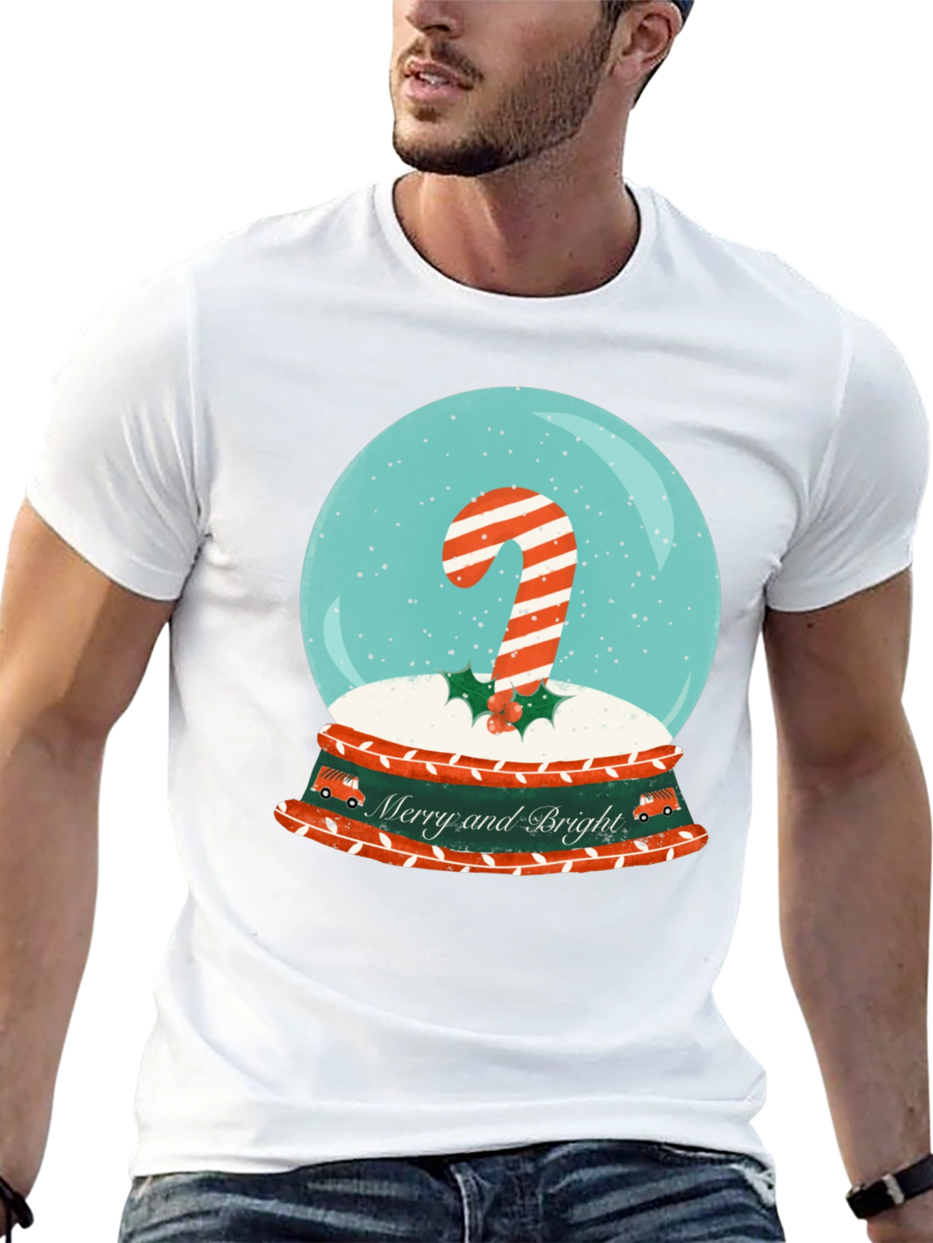 Merry & Bright Christmas Candy Cane Snow Globe T-Shirt