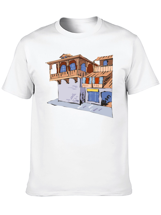 Black T-Shirt with Building Print