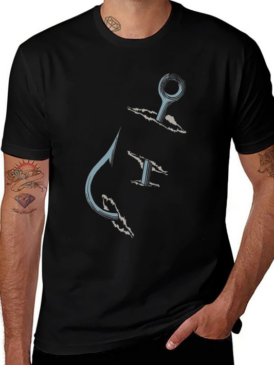 Fishing Hook Graphic Tee - Casual Black T-Shirt