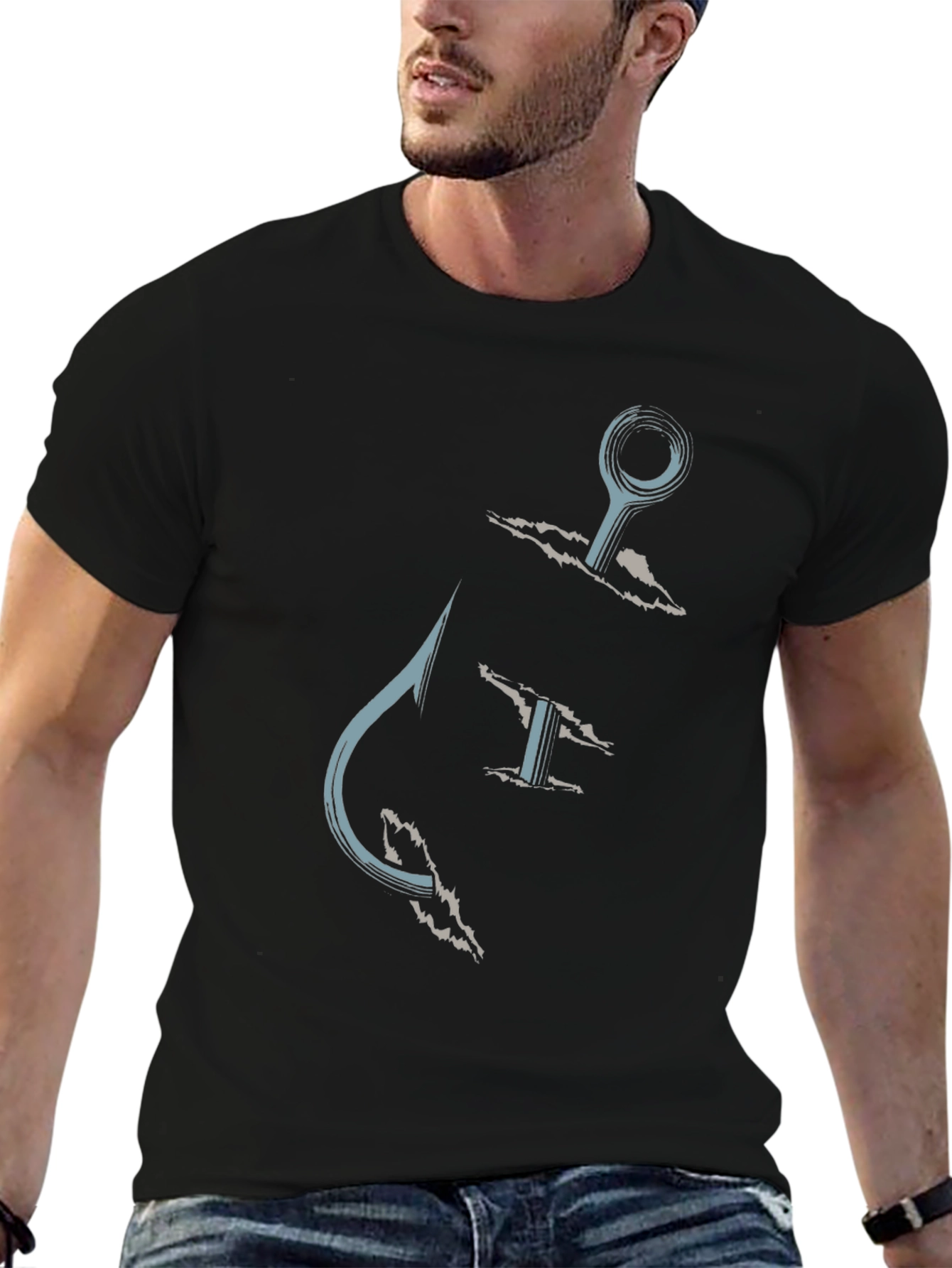 Fishing Hook Graphic Tee - Casual Black T-Shirt