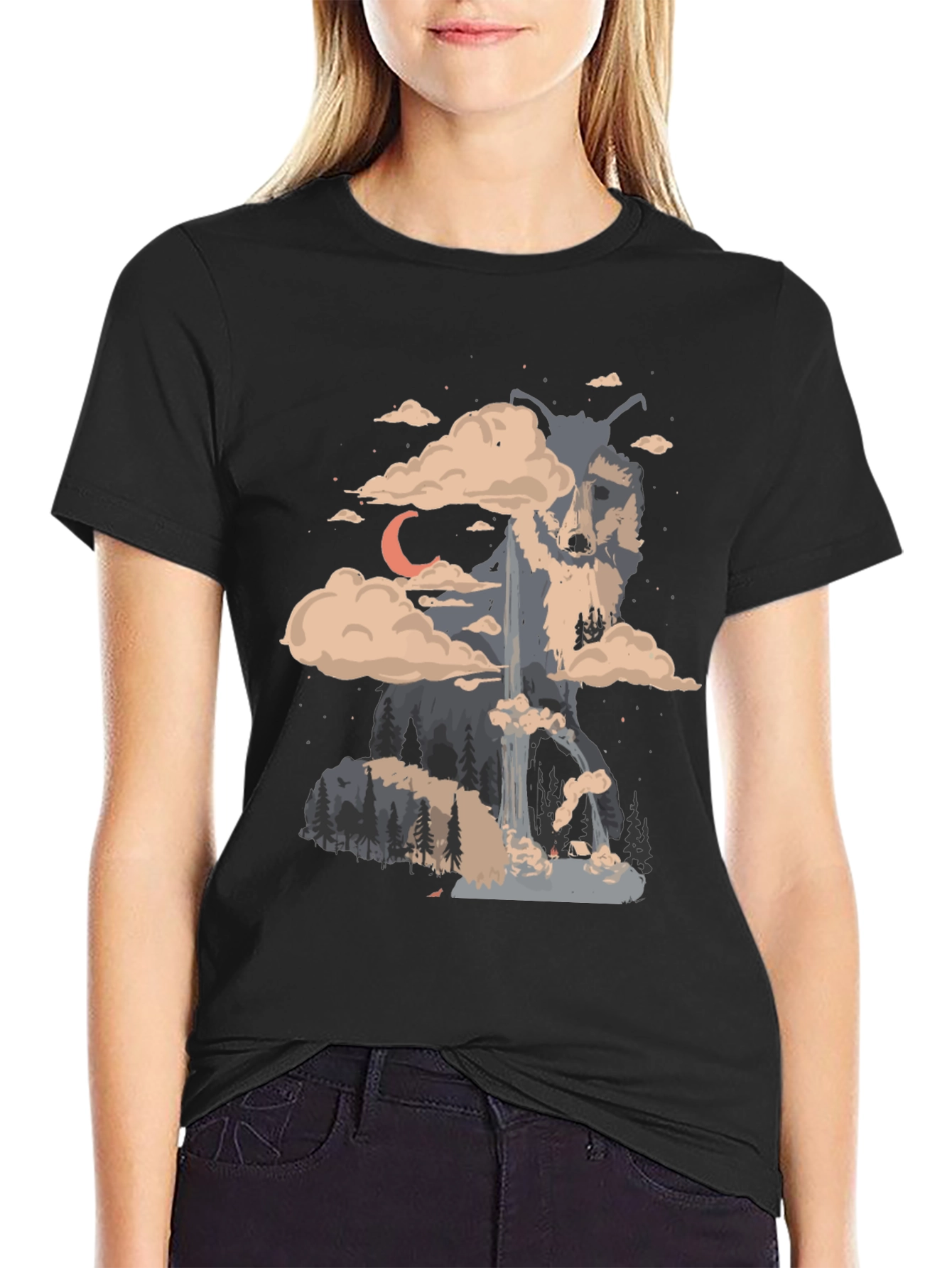 Wolf Landscape Print Black T-Shirt