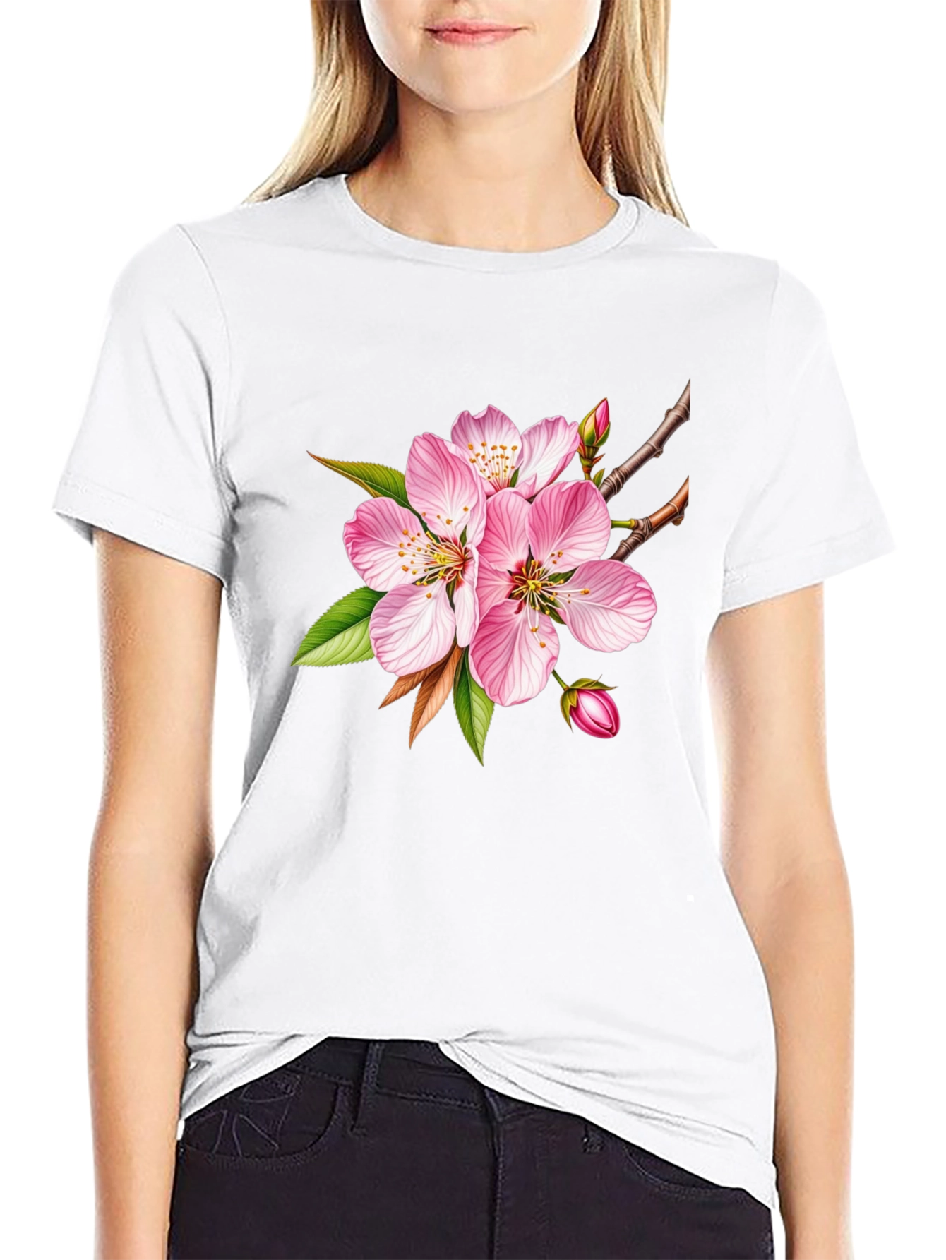 Floral Blossom Graphic Tee - Casual Black T-Shirt