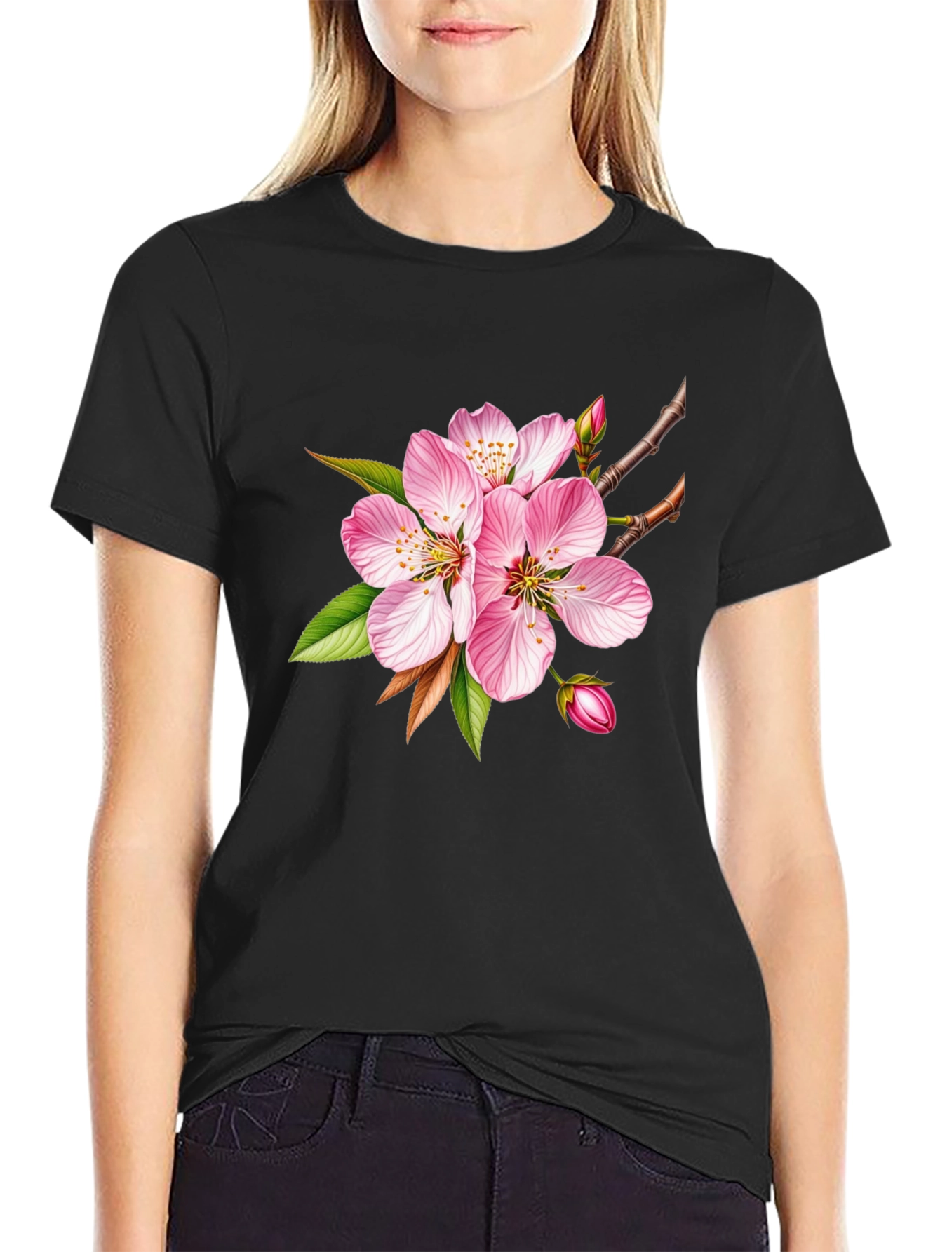 Floral Blossom Graphic Tee - Casual Black T-Shirt