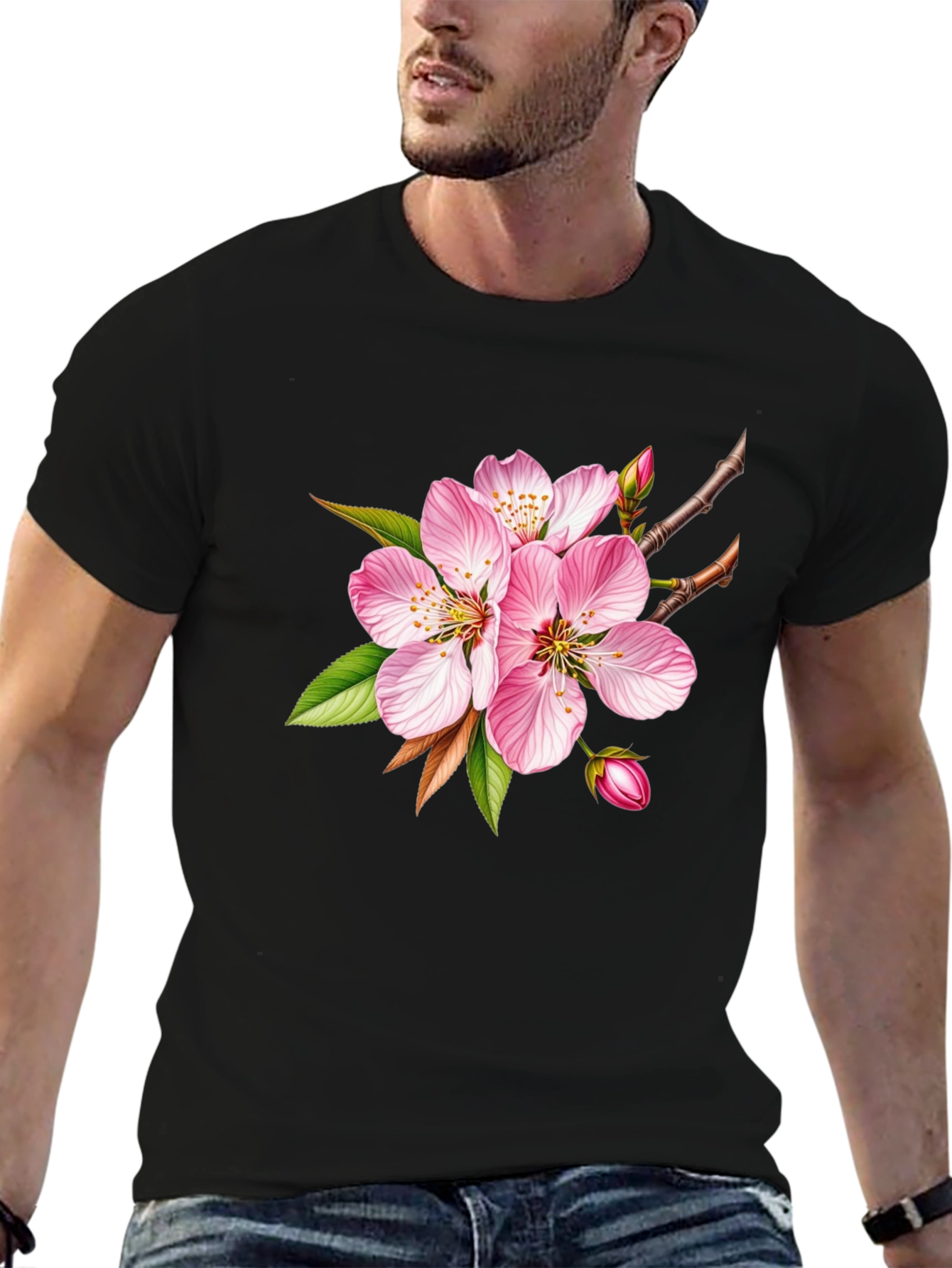 Floral Blossom Graphic Tee - Casual Black T-Shirt