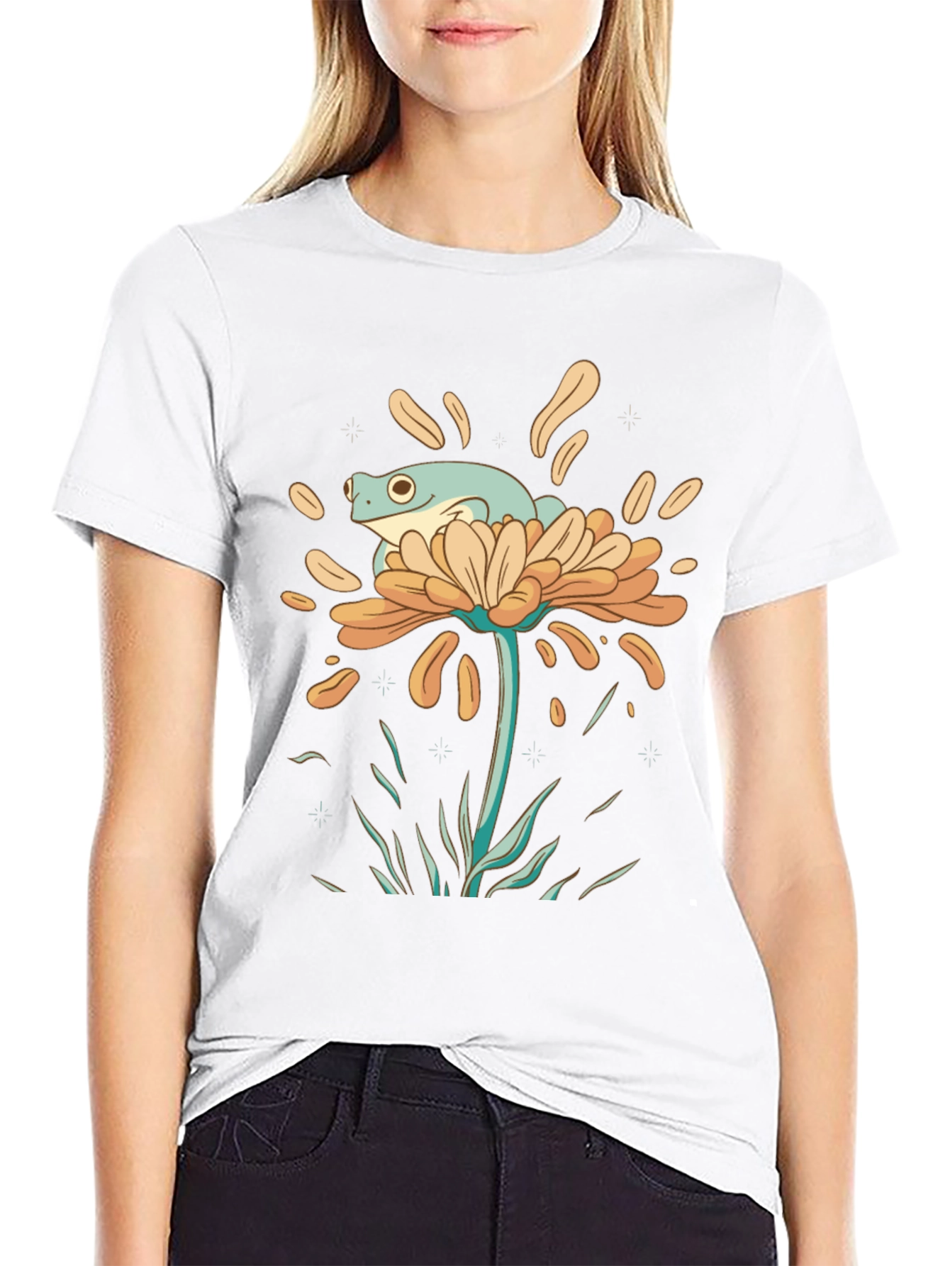 Frog on Flower Graphic Tee - Black Cotton T-Shirt