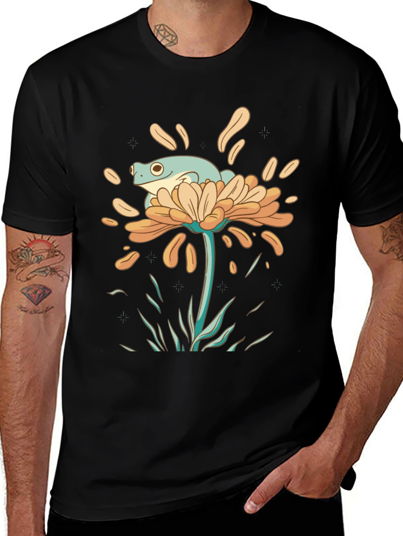 Frog on Flower Graphic Tee - Black Cotton T-Shirt