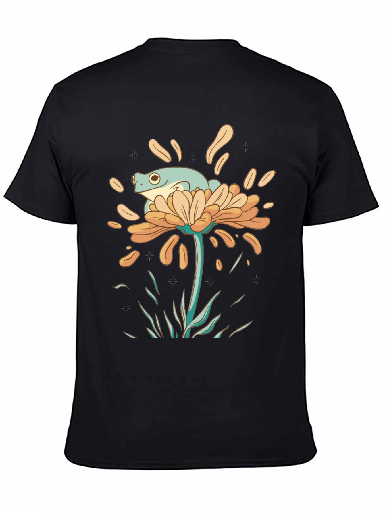 Frog on Flower Graphic Tee - Black Cotton T-Shirt