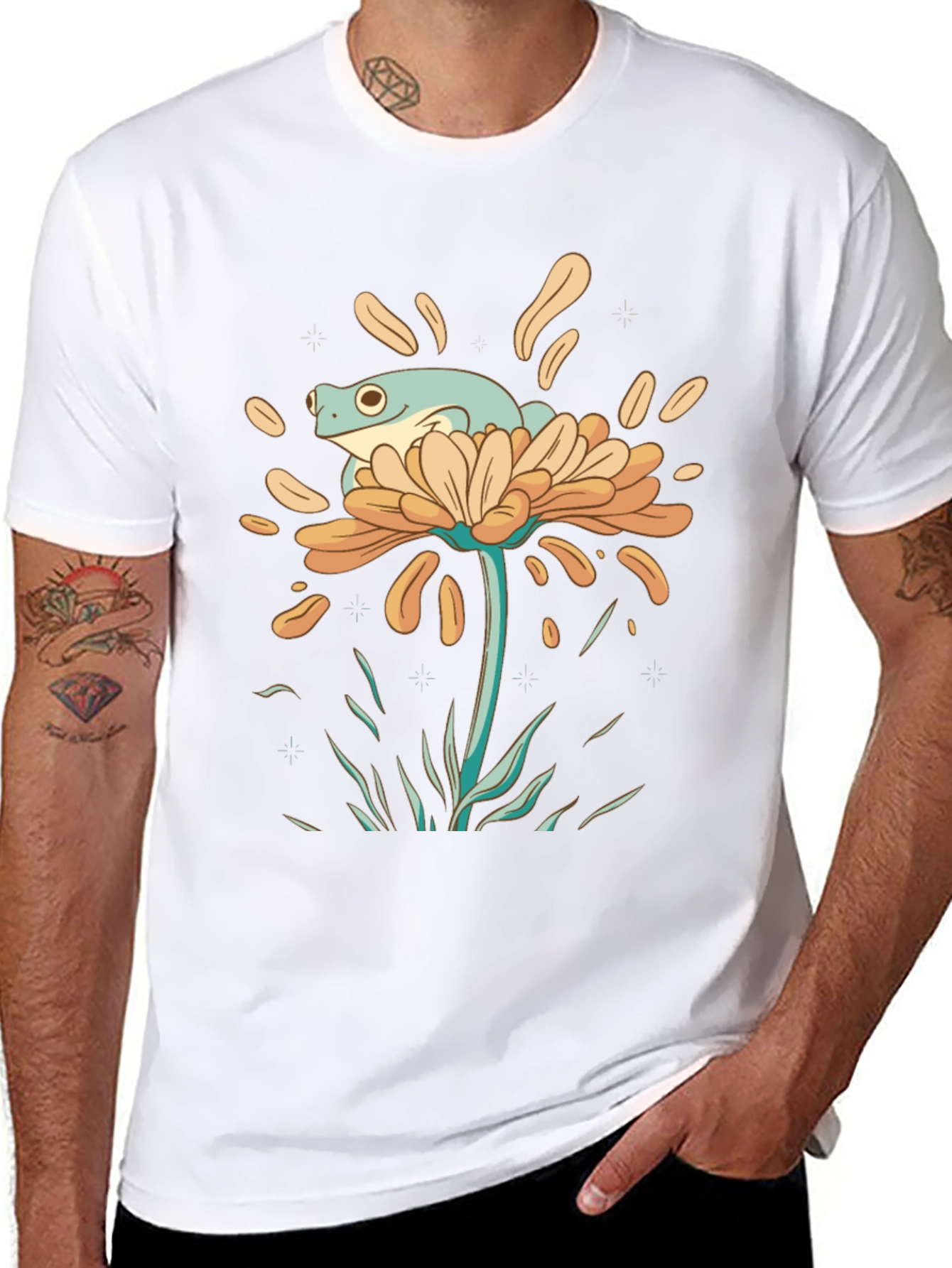 Frog on Flower Graphic Tee - Black Cotton T-Shirt