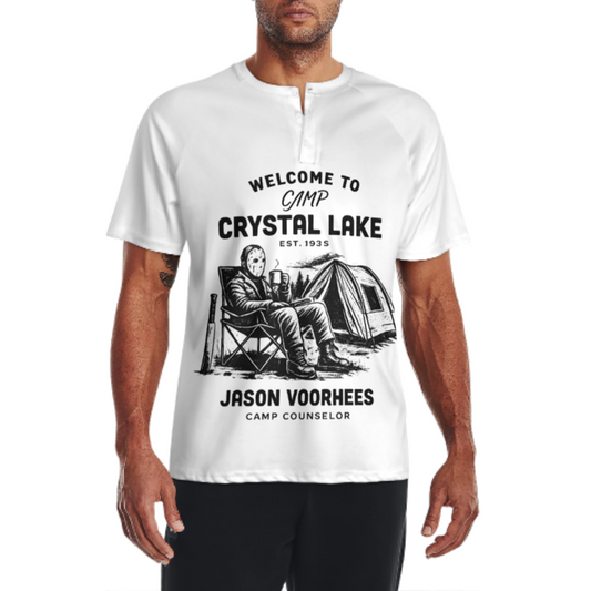 Camp Crystal Lake Jason Voorhees Horror Graphic T-Shirt – Retro Slasher Camping Tee for Horror Fans(z362)