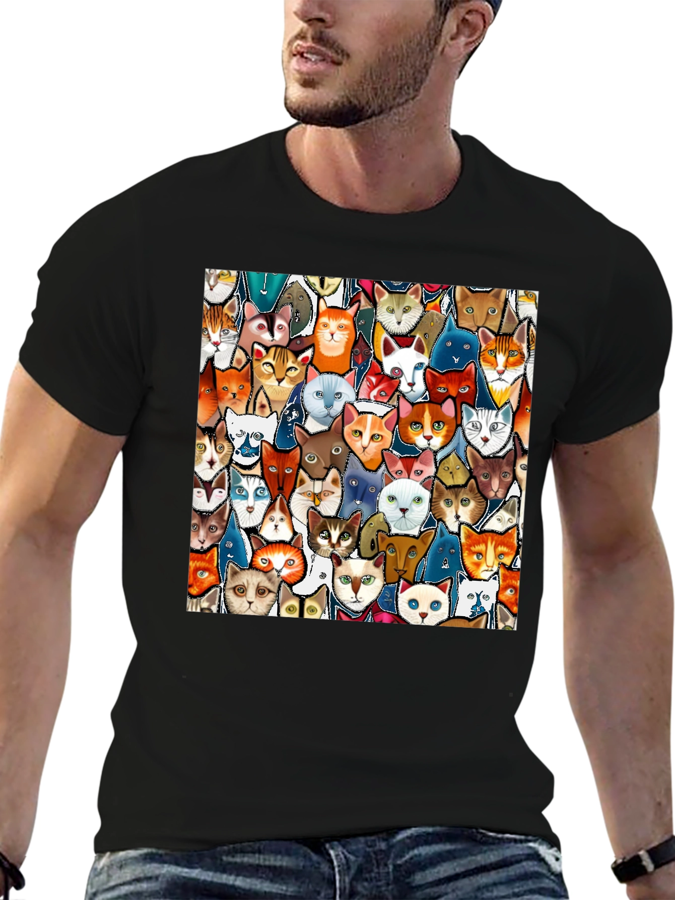 Cat Faces Graphic Print Mens Black T-Shirt