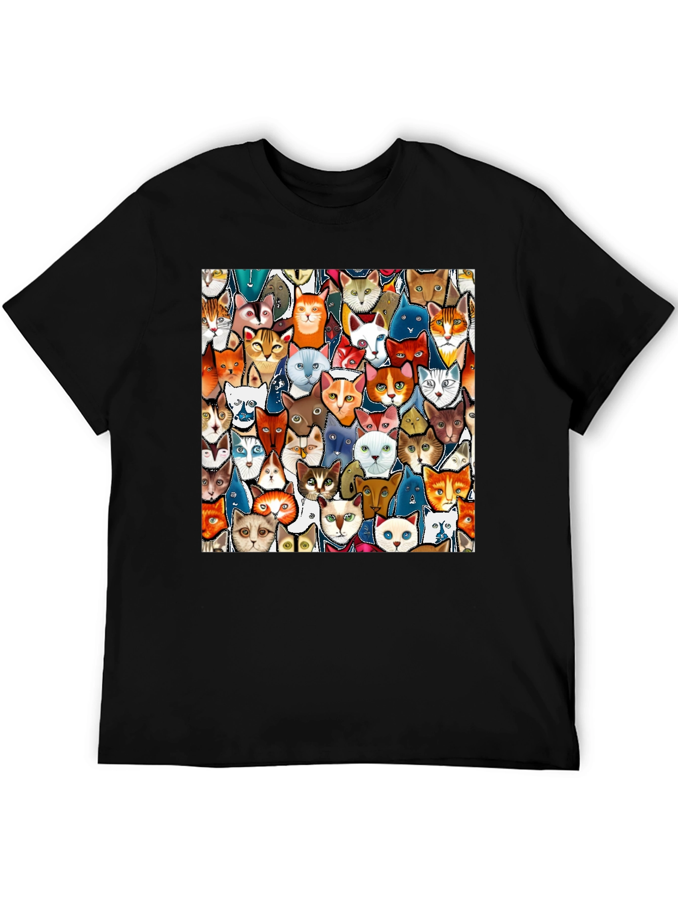 Cat Faces Graphic Print Mens Black T-Shirt