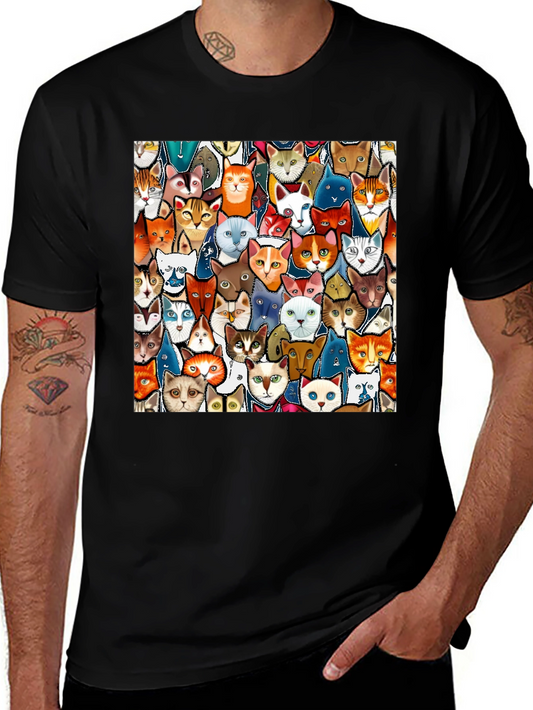 Cat Faces Graphic Print Mens Black T-Shirt