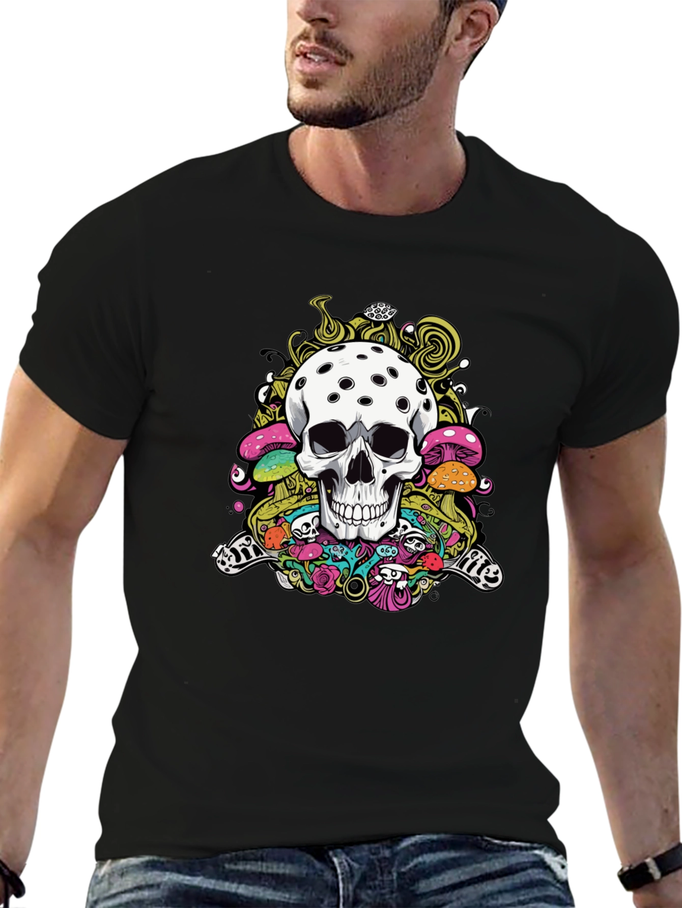 Psychedelic Skull Graphic Tee - Black