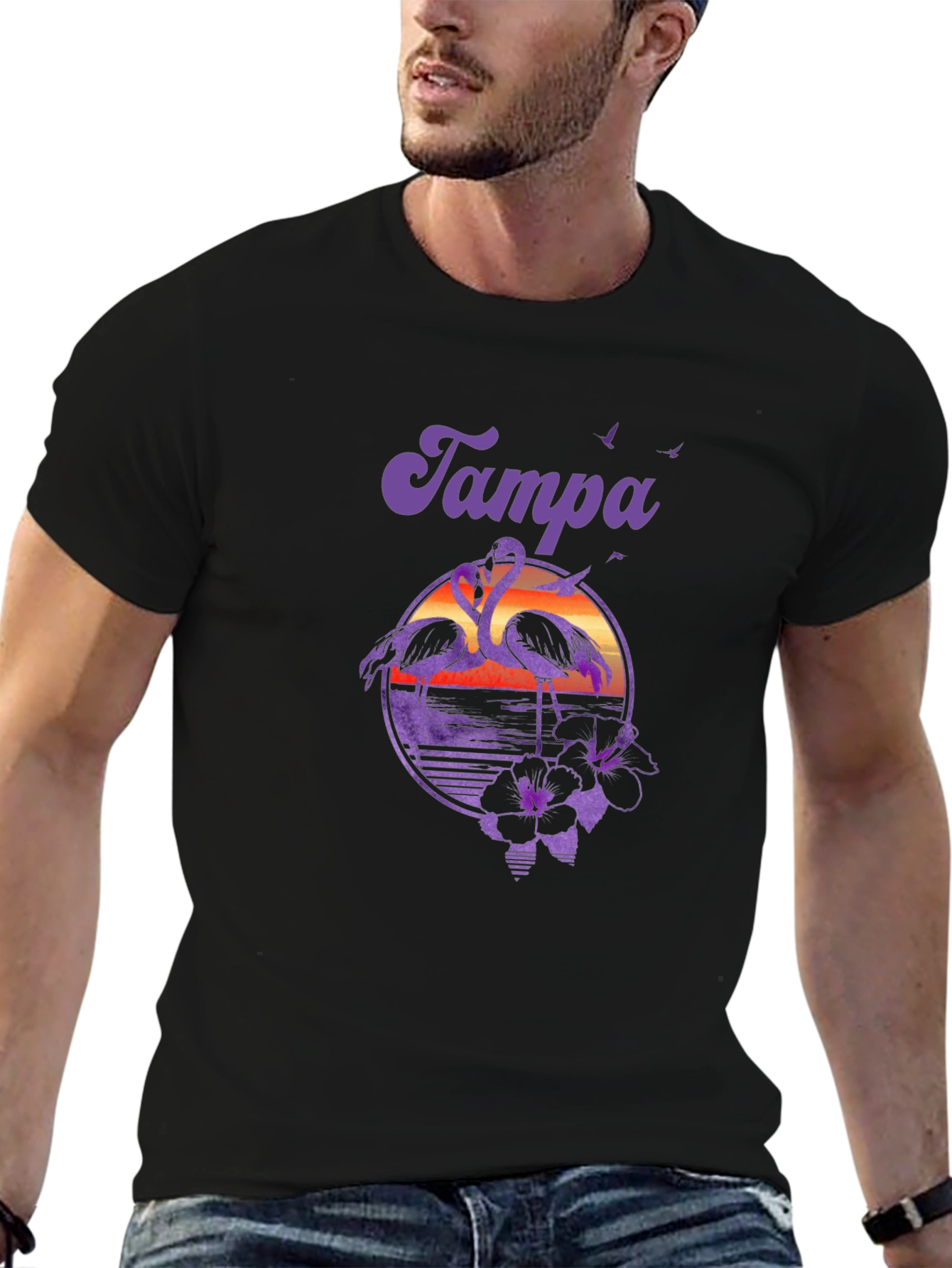 Tampa Flamingo Sunset Graphic Tee - Black
