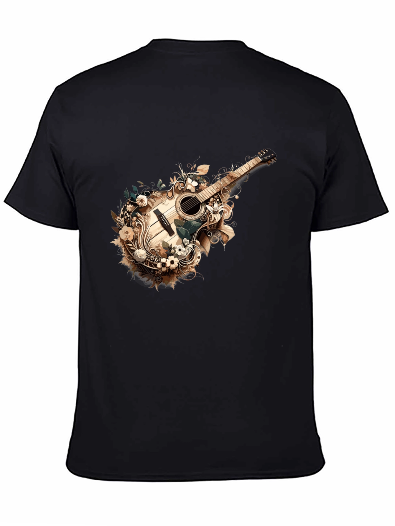 Floral Guitar Graphic Tee - Stylish Black T-Shirt