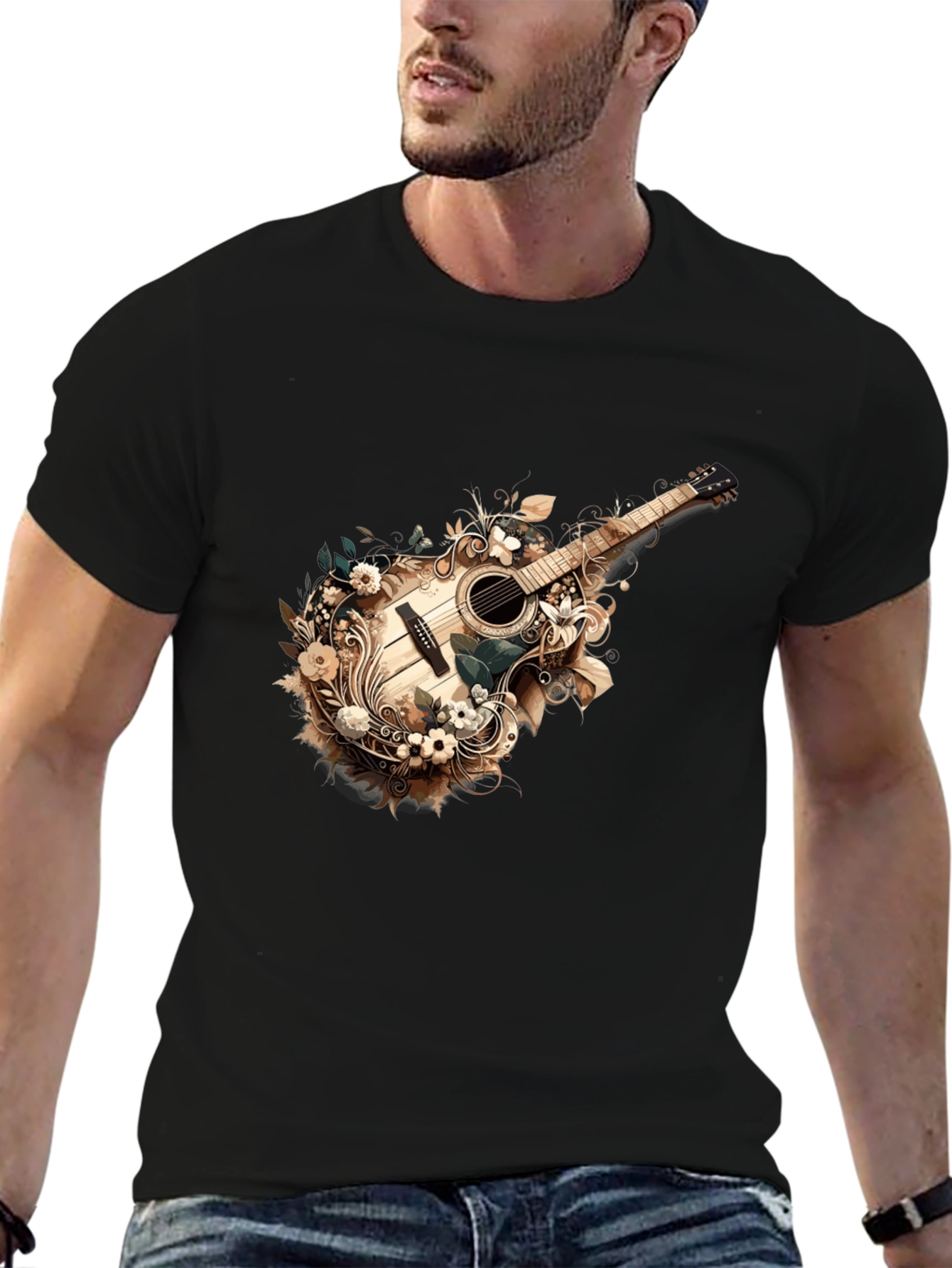 Floral Guitar Graphic Tee - Stylish Black T-Shirt