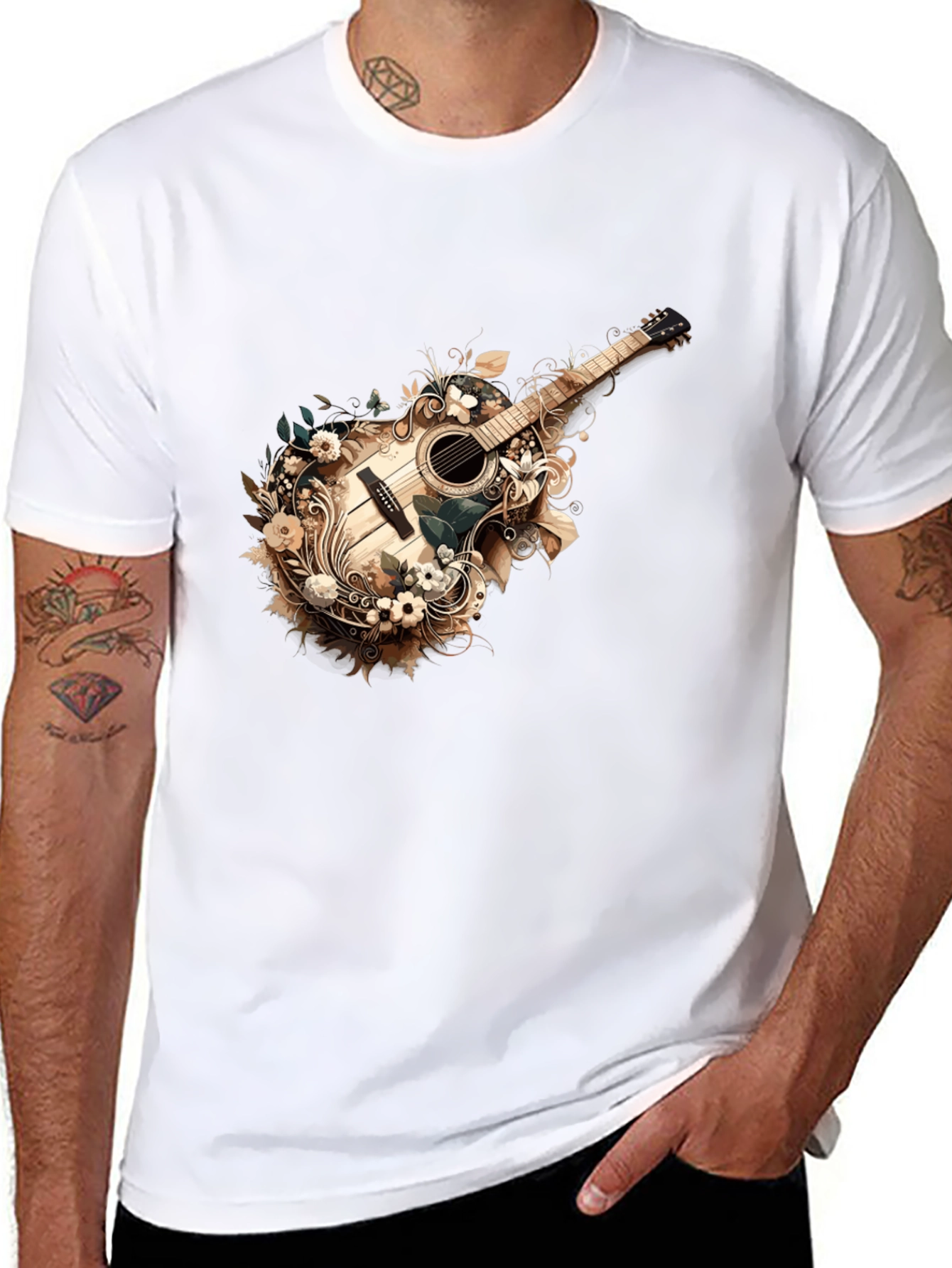 Floral Guitar Graphic Tee - Stylish Black T-Shirt