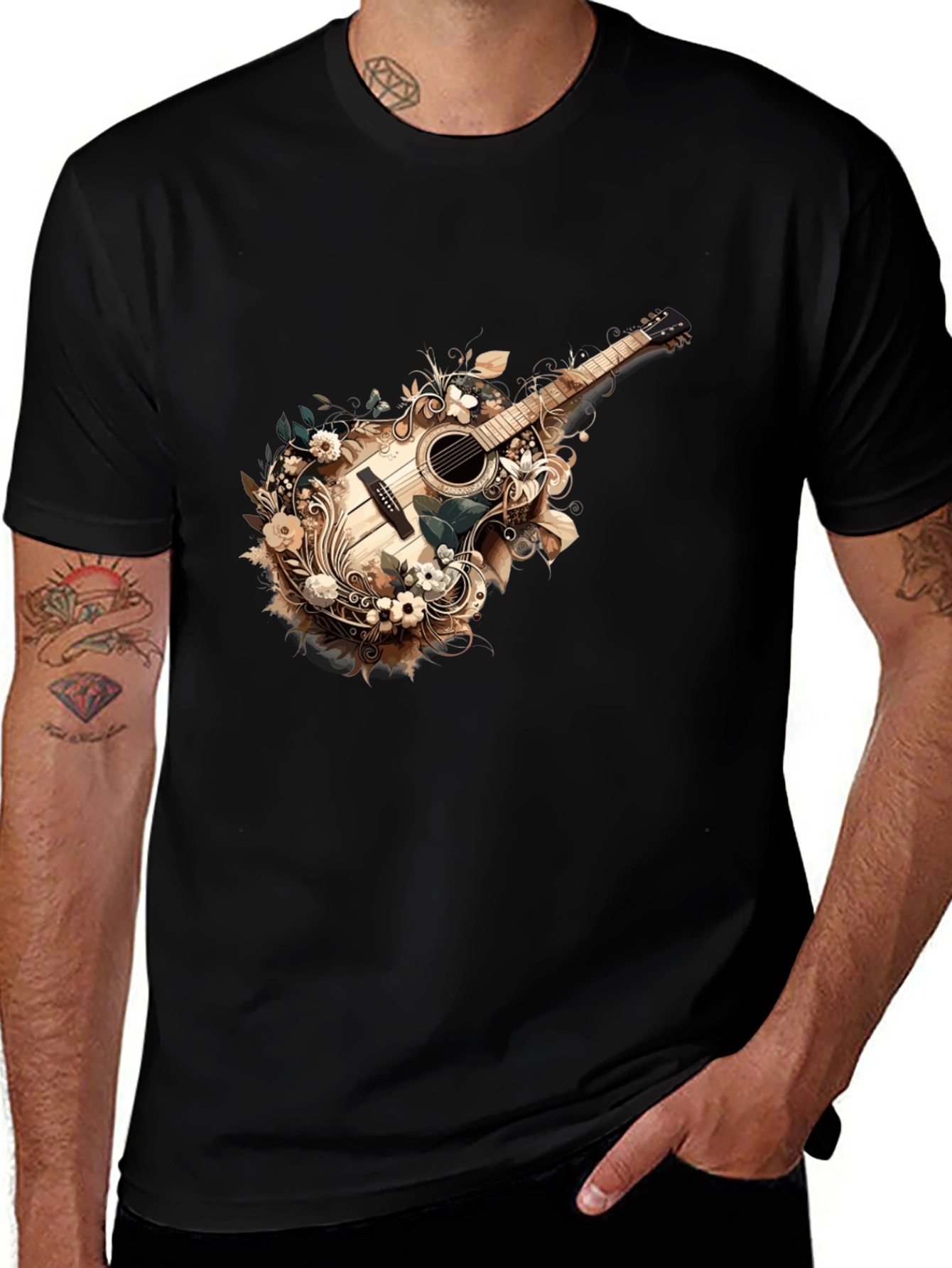 Floral Guitar Graphic Tee - Stylish Black T-Shirt