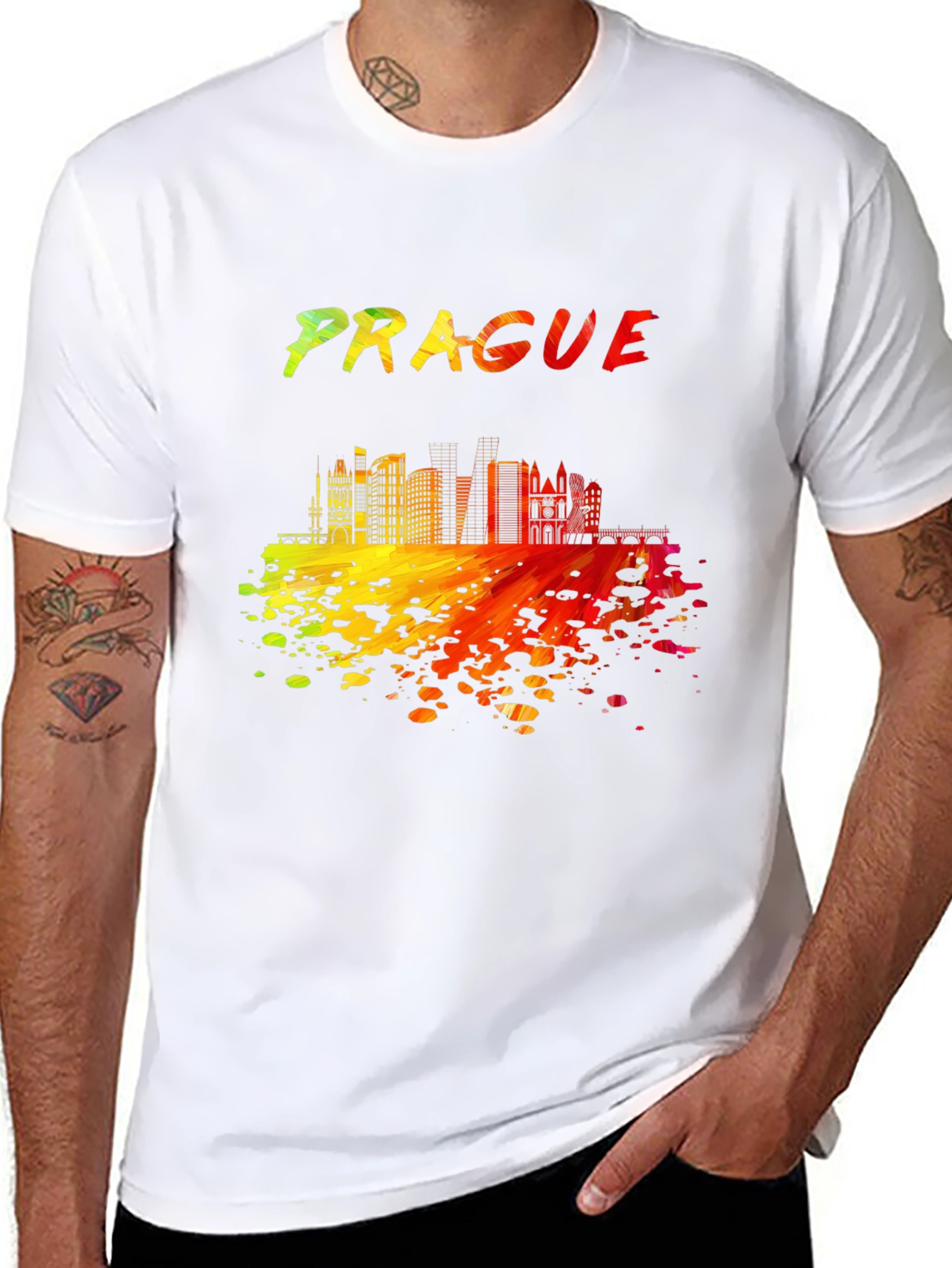 Prague Skyline Mens Black Graphic T-Shirt