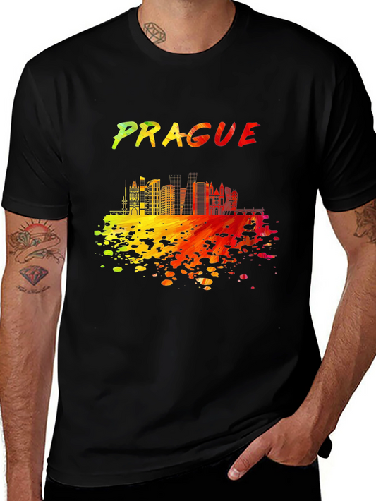 Prague Skyline Mens Black Graphic T-Shirt