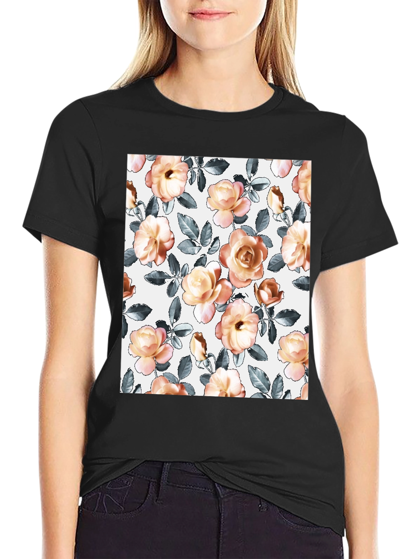 Floral Pattern T-Shirt - Soft Rose Design