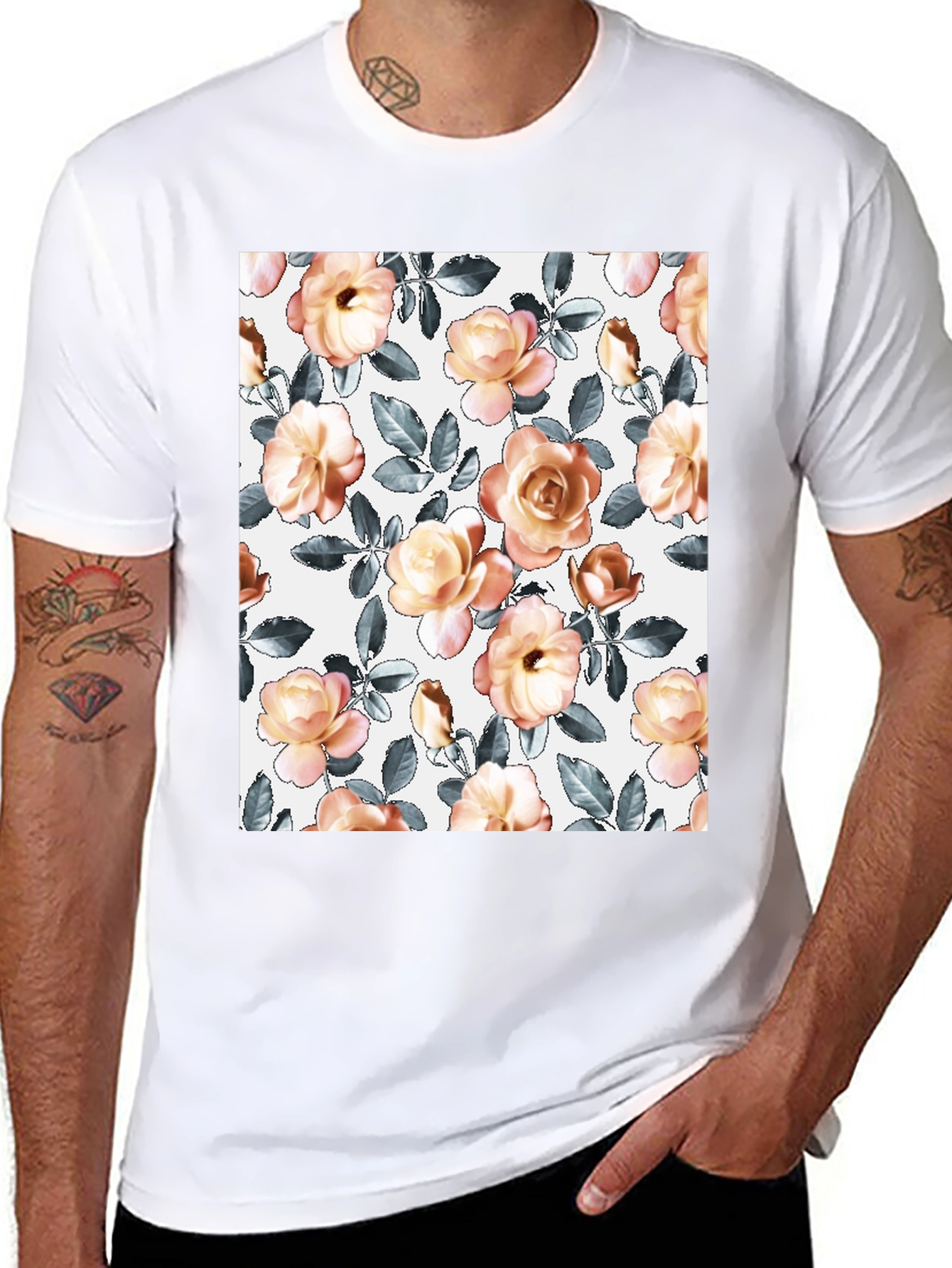 Floral Pattern T-Shirt - Soft Rose Design