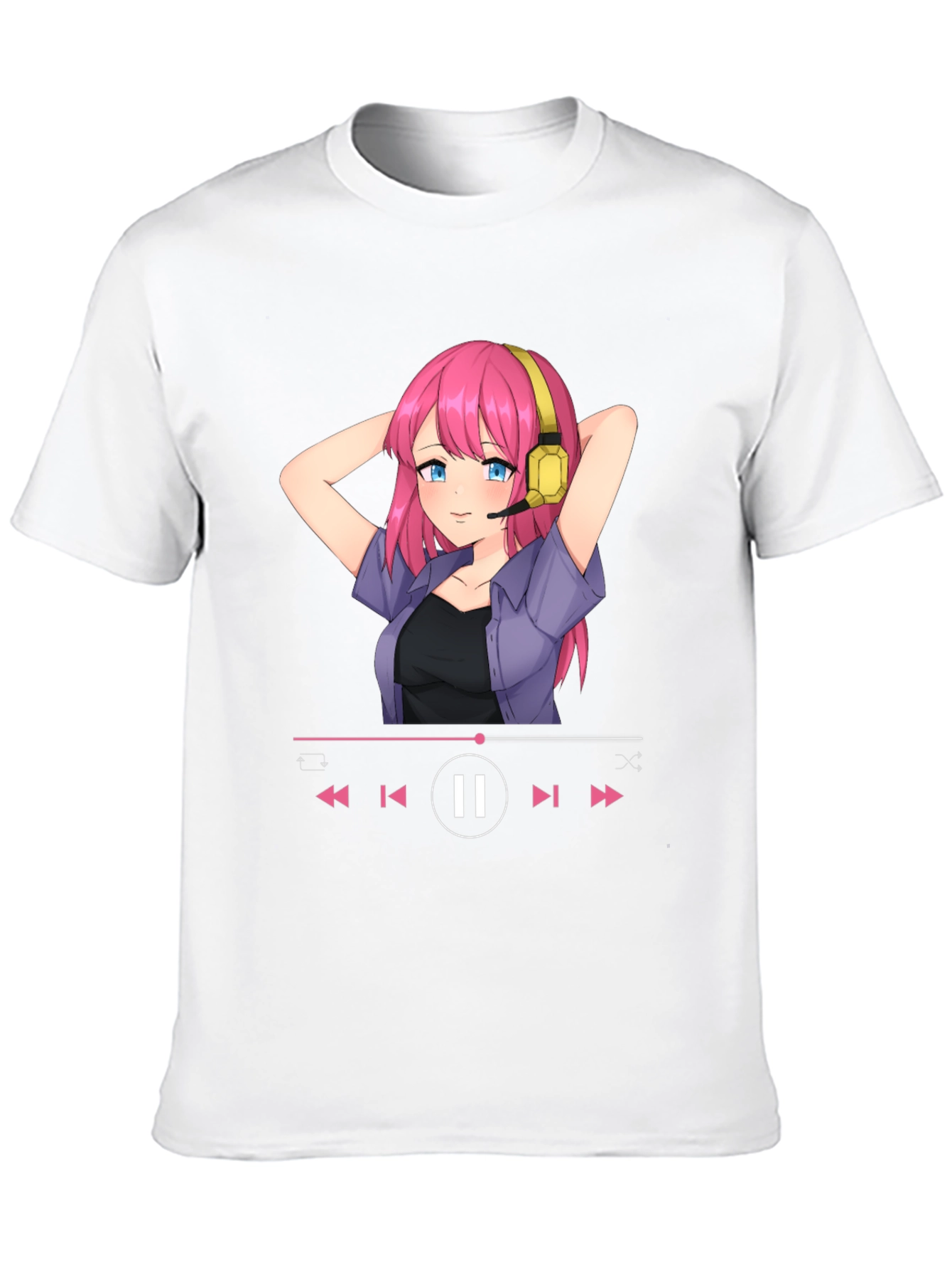 Anime Girl Music Player Graphic Tee - Black T-Shirt
